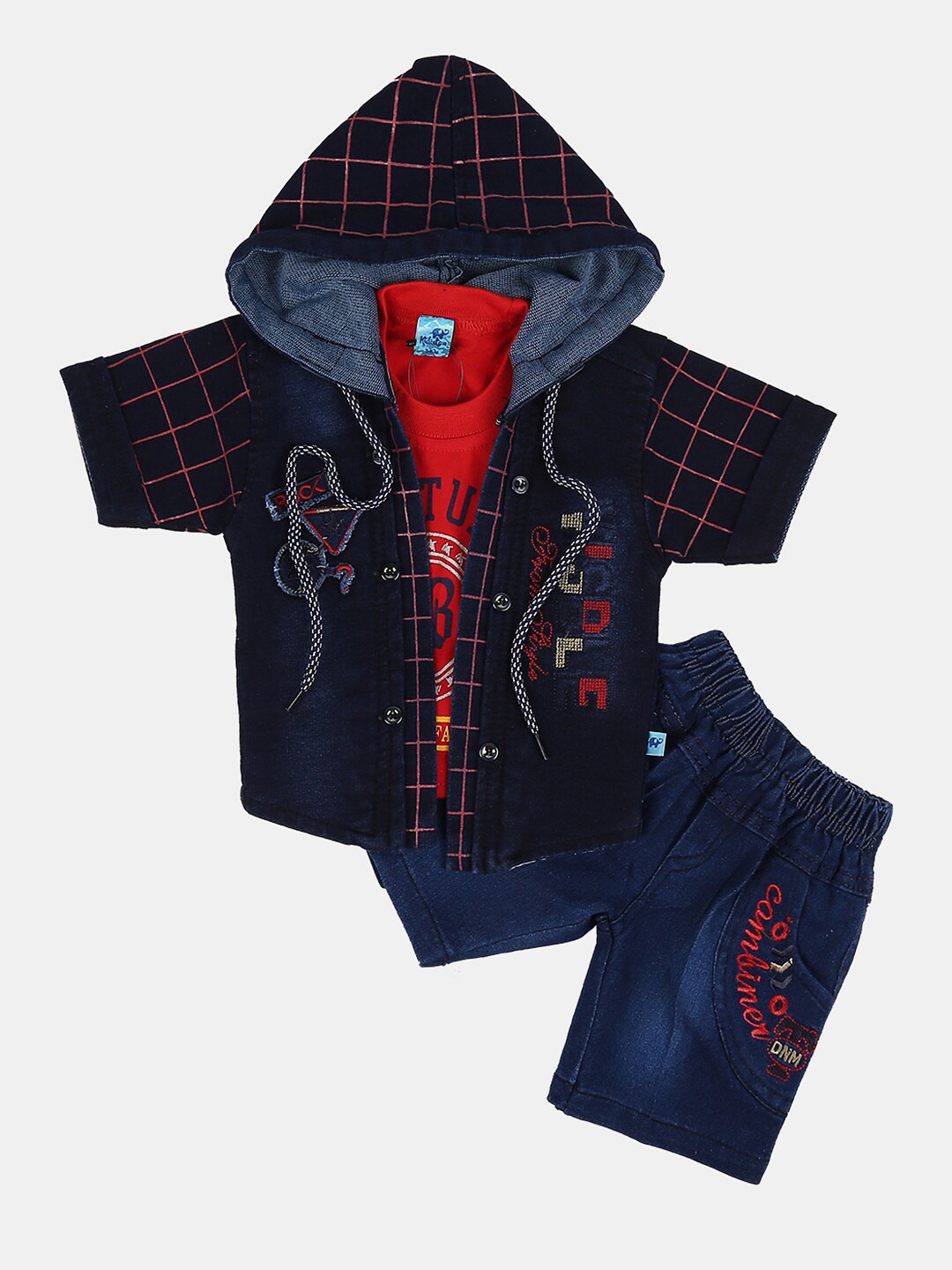 

V-Mart Kids Checked Pure Cotton Hood T-shirt and Shirt with Shorts Clothing Set, Red