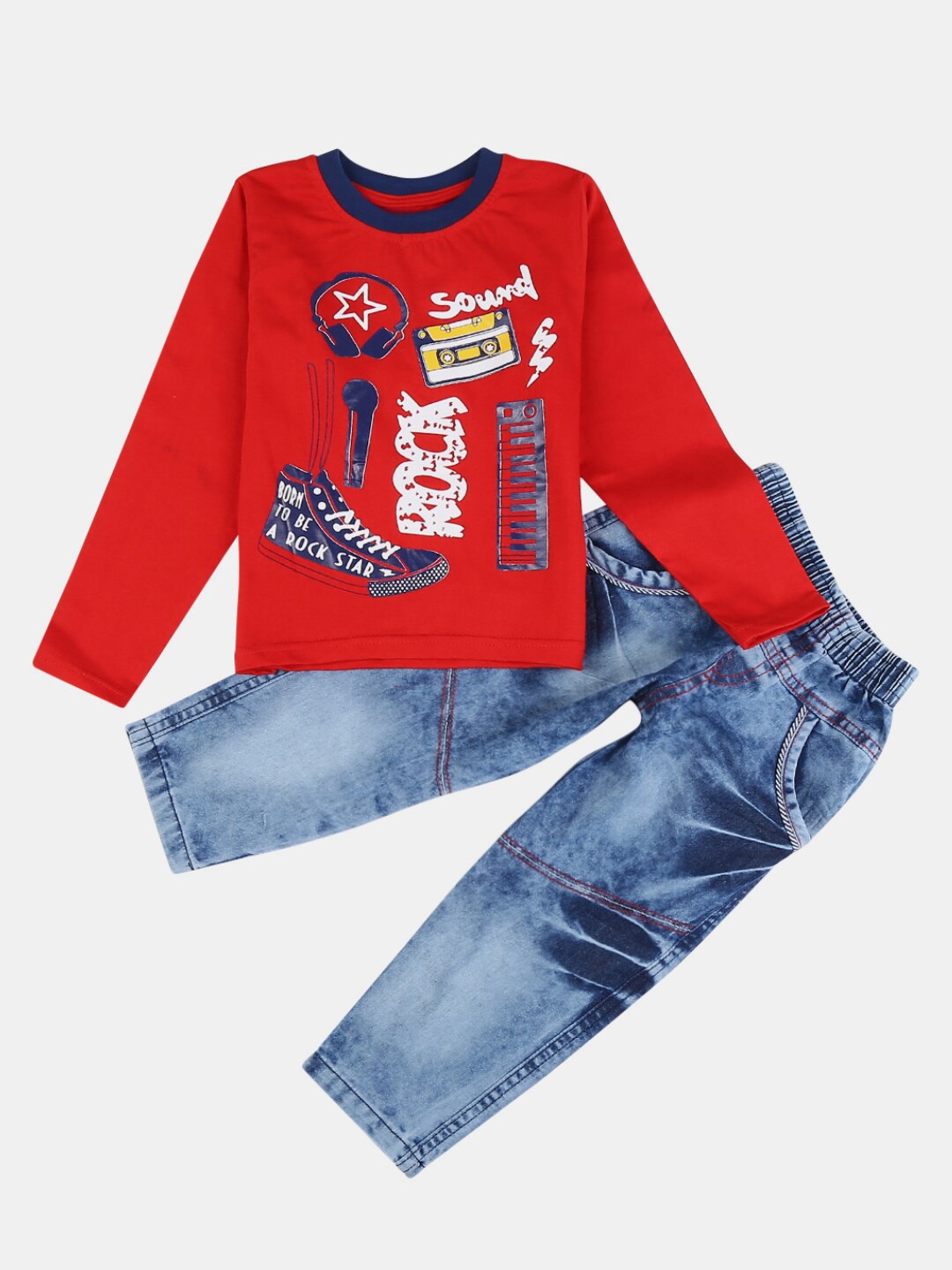 

V-Mart Kids Printed Pure Cotton T-shirt with Trousers, Red