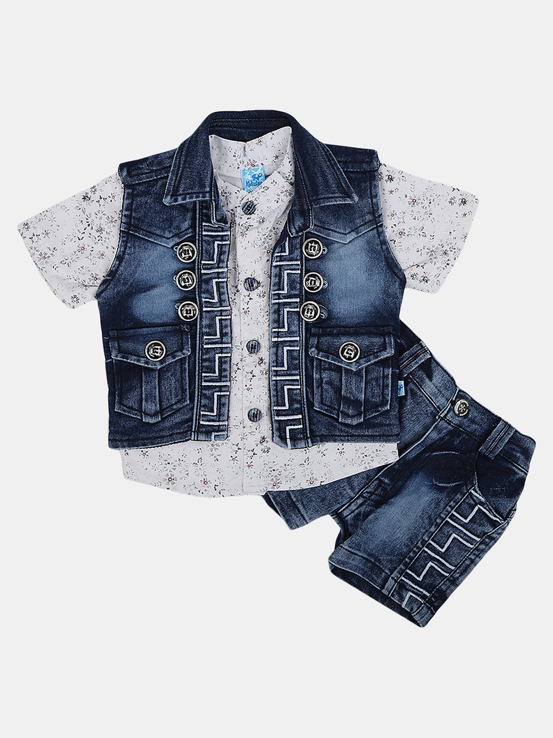 

V-Mart Infant Boys Printed Pure Cotton Shirt with Shorts with Waist Coat Clothing Set, White