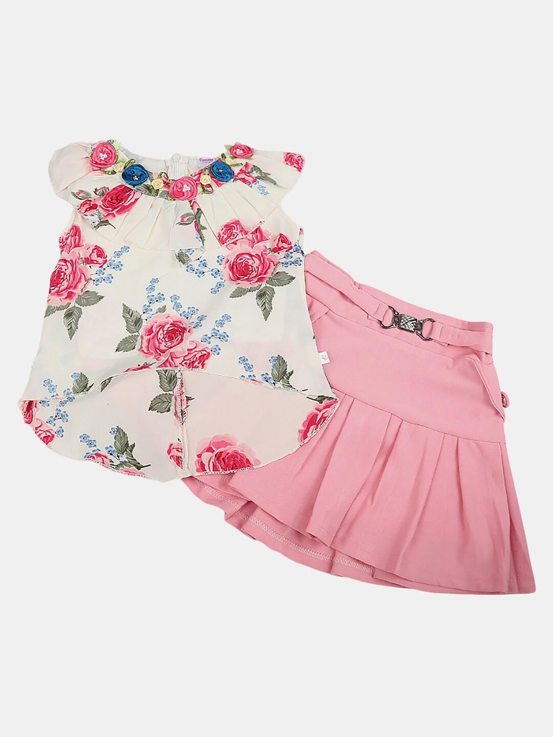 

V-Mart Girls Printed Pure Cotton Top with Skirt, Cream
