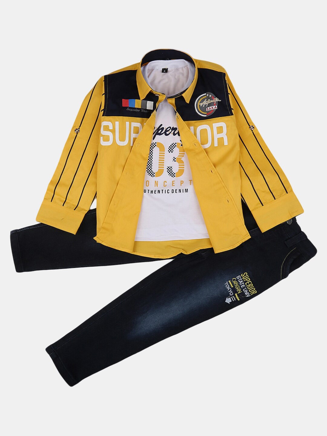

V-Mart Kids Printed Pure Cotton T-shirt and Shirt with Trousers, Yellow