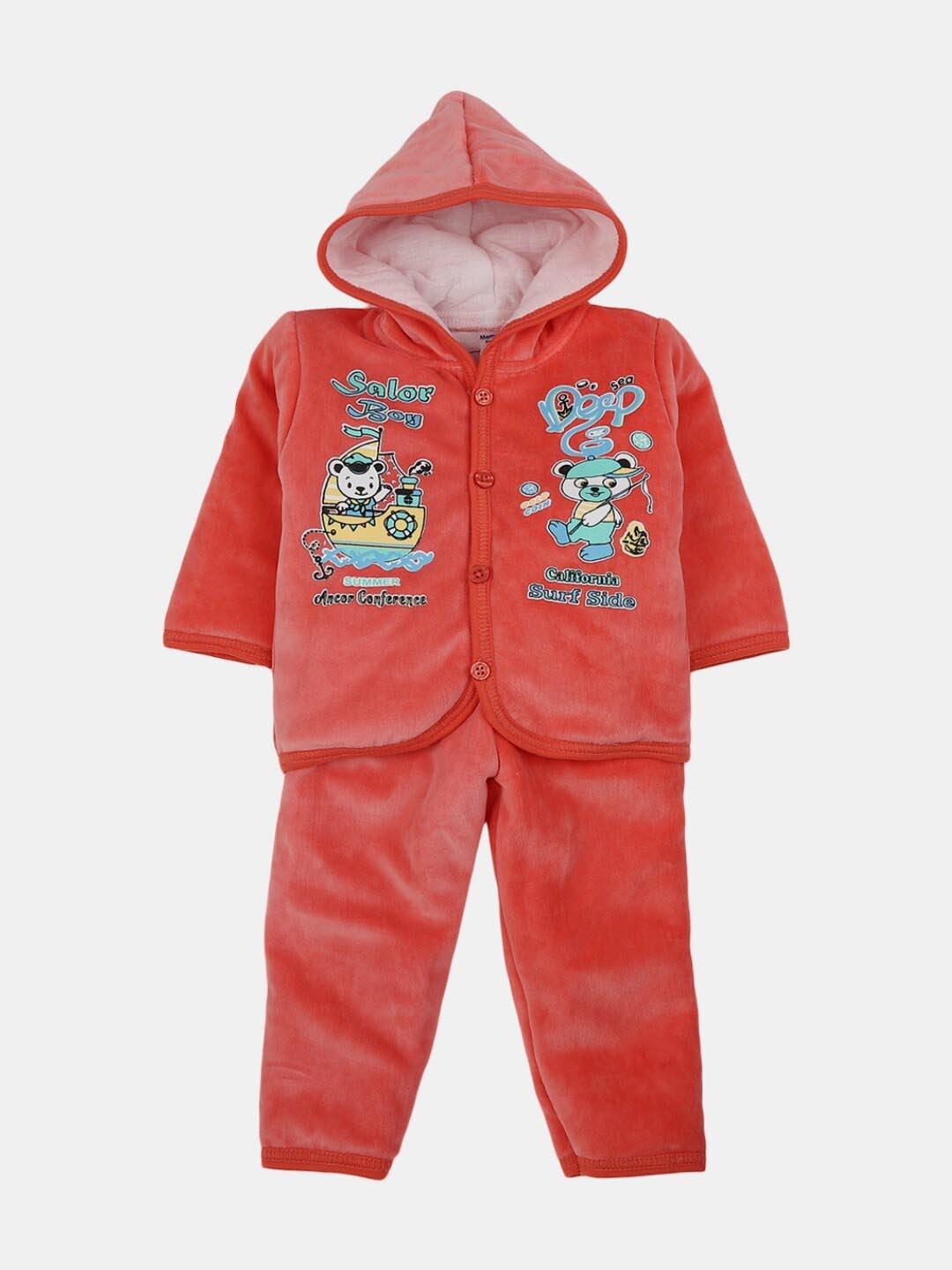 

V-Mart Infant Kids Printed Hooded Sweatshirt with Pyjamas Set, Coral