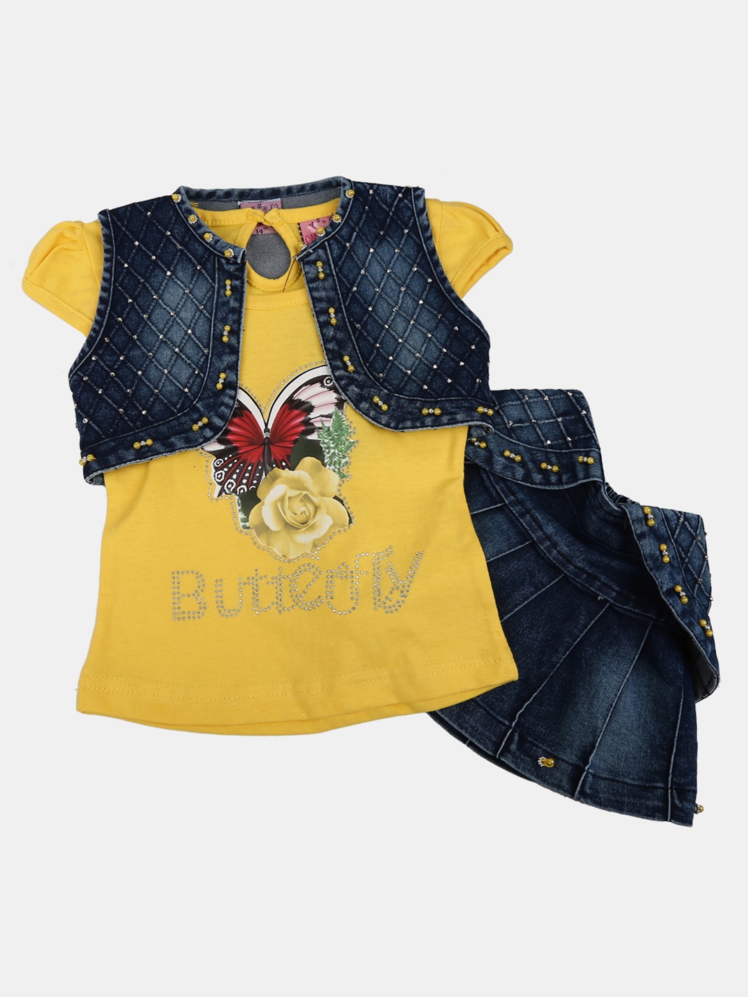 

V-Mart Infant Girls Printed Pure Cotton Top & Skirt With Jacket, Yellow