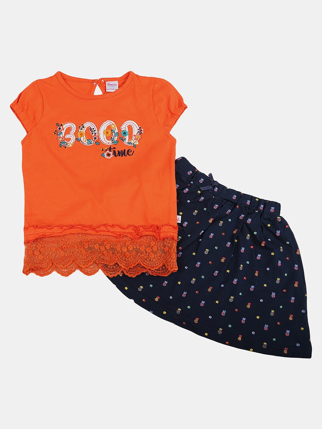 

V-Mart Kids Printed Pure Cotton Top with Skirt, Orange