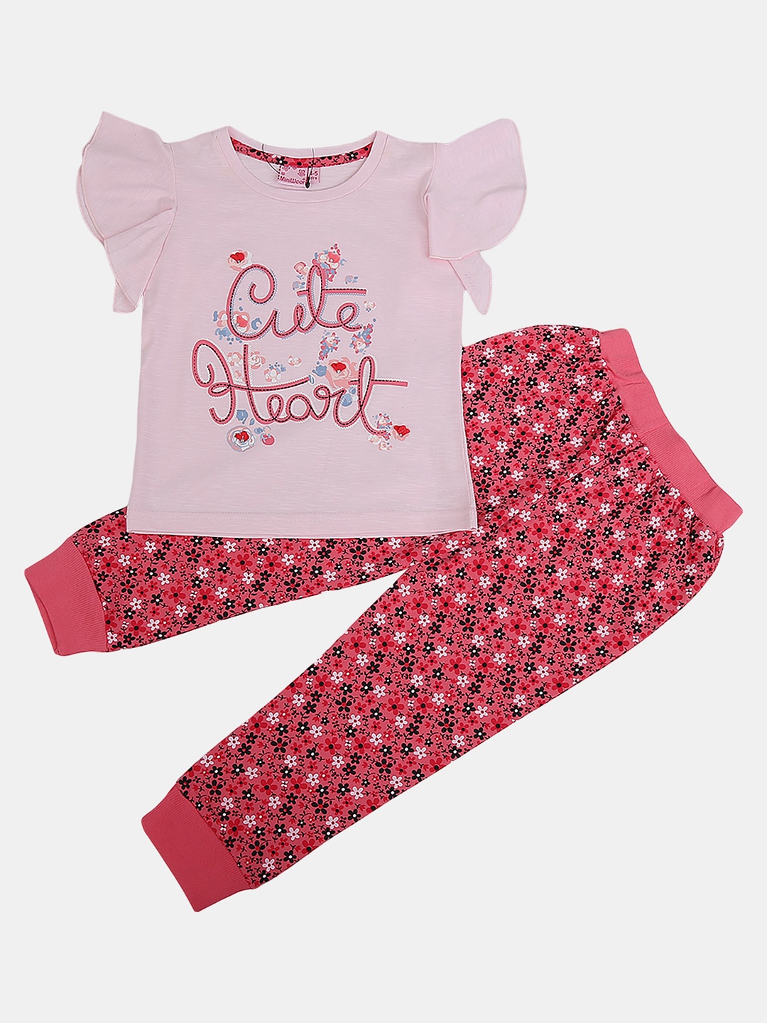 

V-Mart Kids Girls Pure Cotton Typography Printed Top with Leggings, Pink