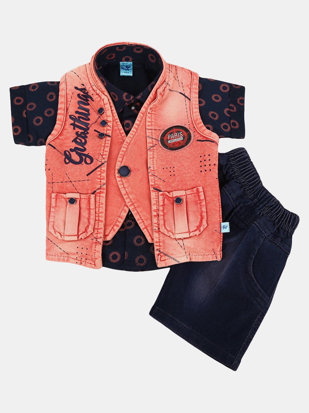 

V-Mart Boys Navy Blue & Coral Printed Shirt with Shorts