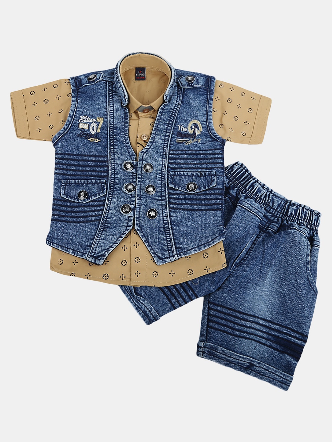 

V-Mart Infant Boys Printed Pure Cotton Shirt & Shorts With Waistcoat, Beige