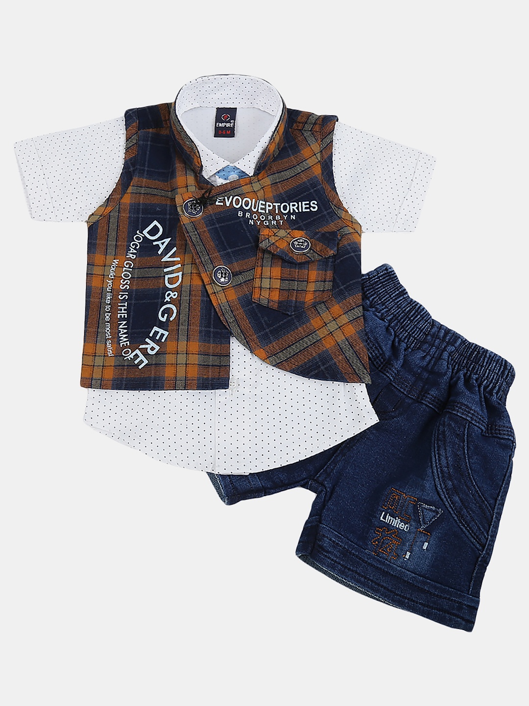 

V-Mart Infant Boys Printed Pure Cotton Shirt & Shorts With Waistcoat, White