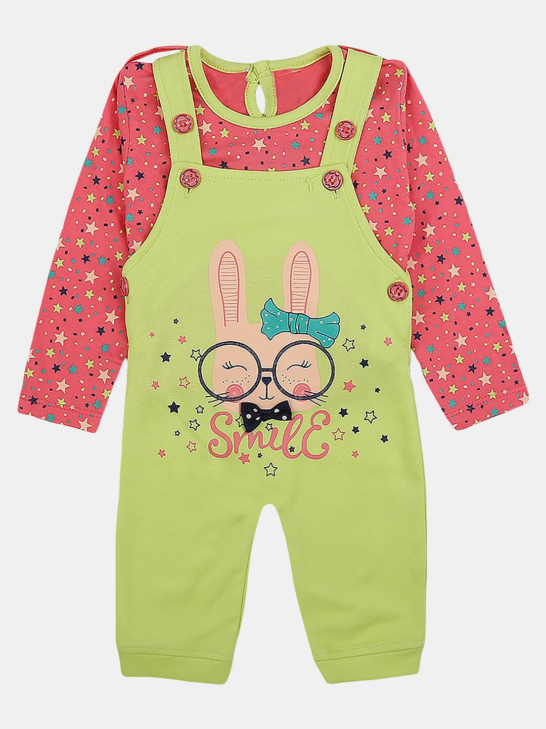 

V-Mart Infants Printed Pure Cotton Dungaree With T-shirt, Green