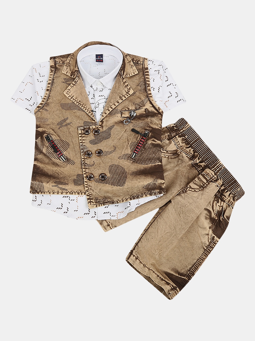 

V-Mart Infant Boys Printed Pure Cotton Shirt & Shorts With Waistcoat, White