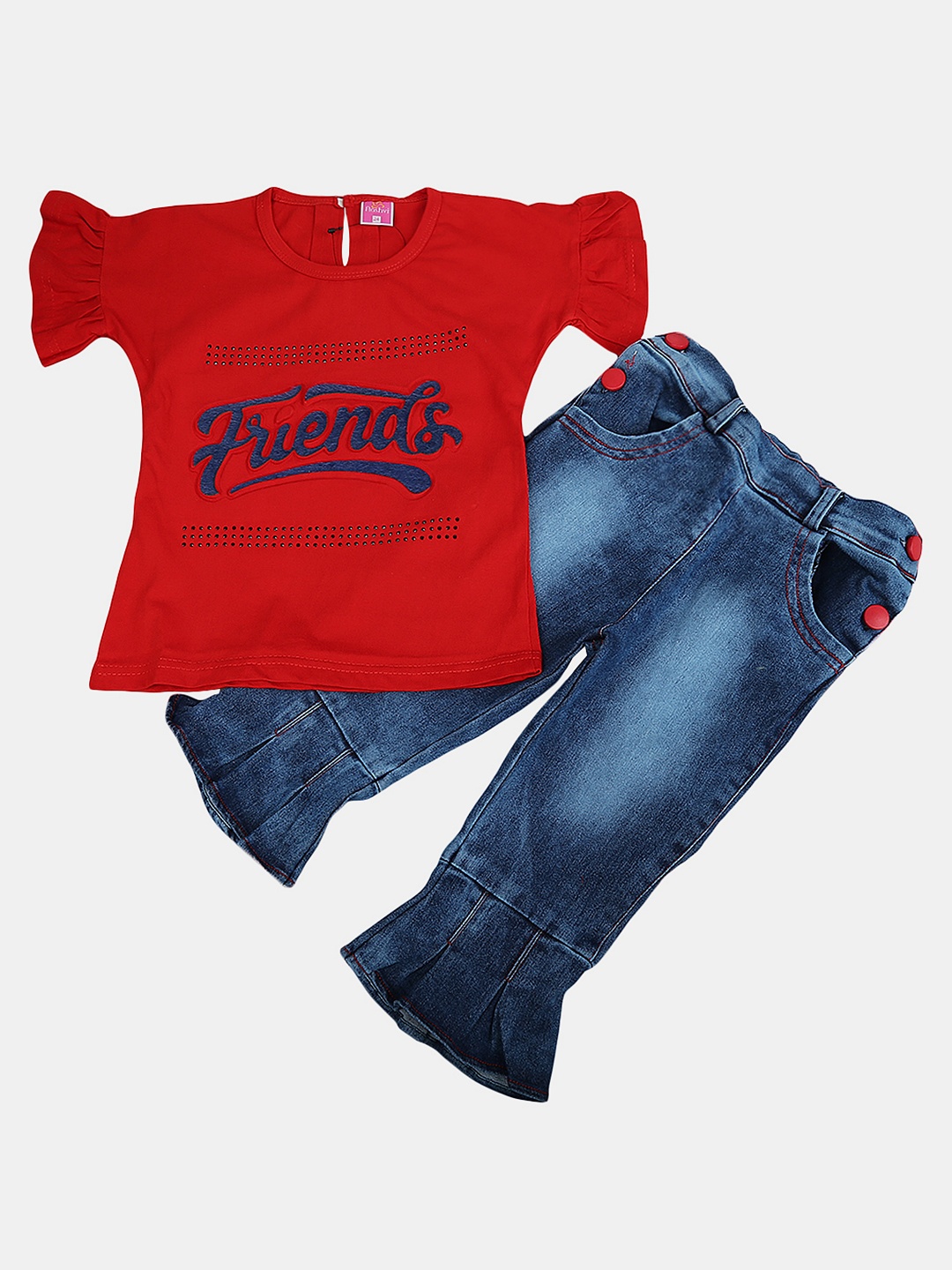 

V-Mart Kids Girls Pure Cotton Typography Printed T-shirt with Trousers, Red
