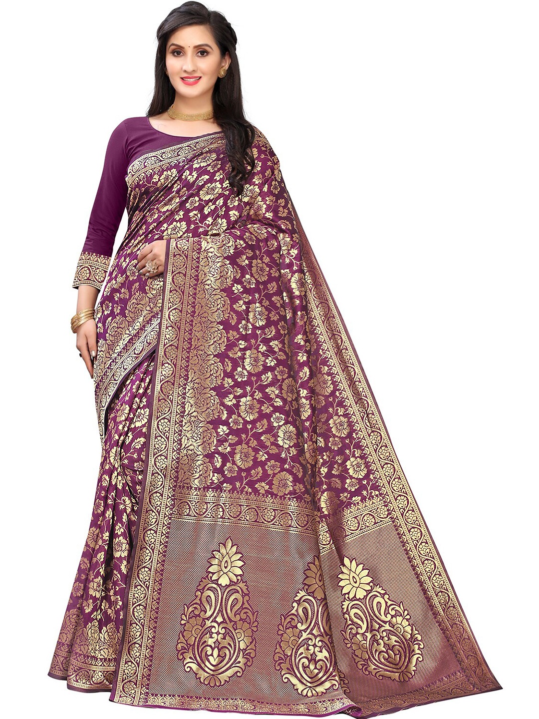 

Leeza Store Floral Zari Heavy Work Banarasi Saree, Purple