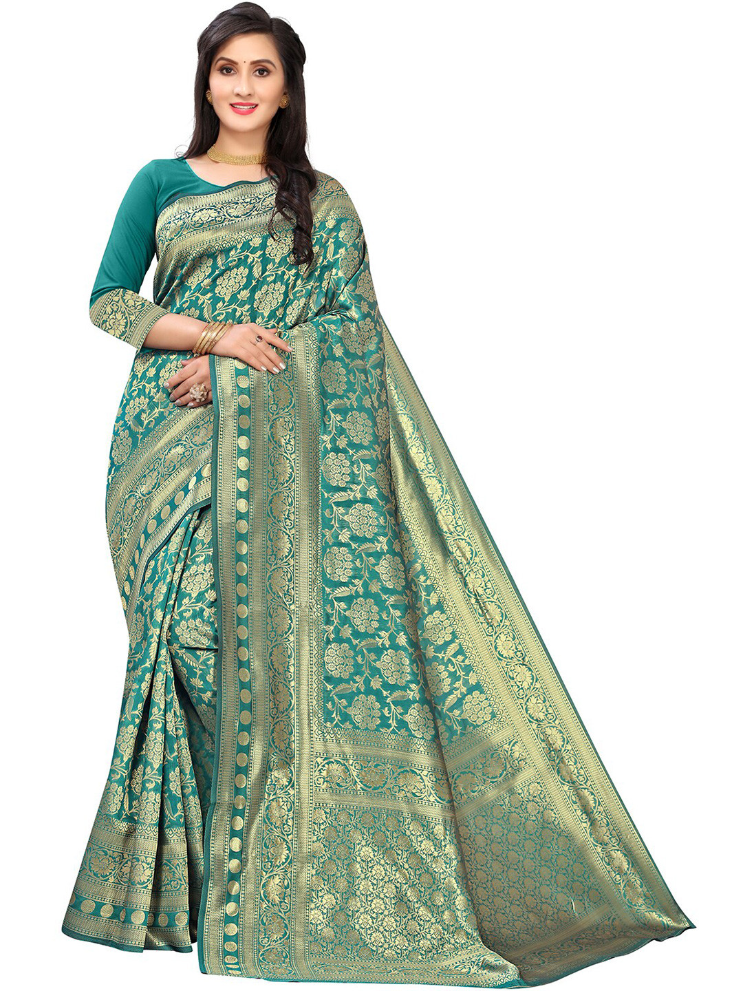 

Leeza Store Woven Design Zari Banarasi Saree, Turquoise blue