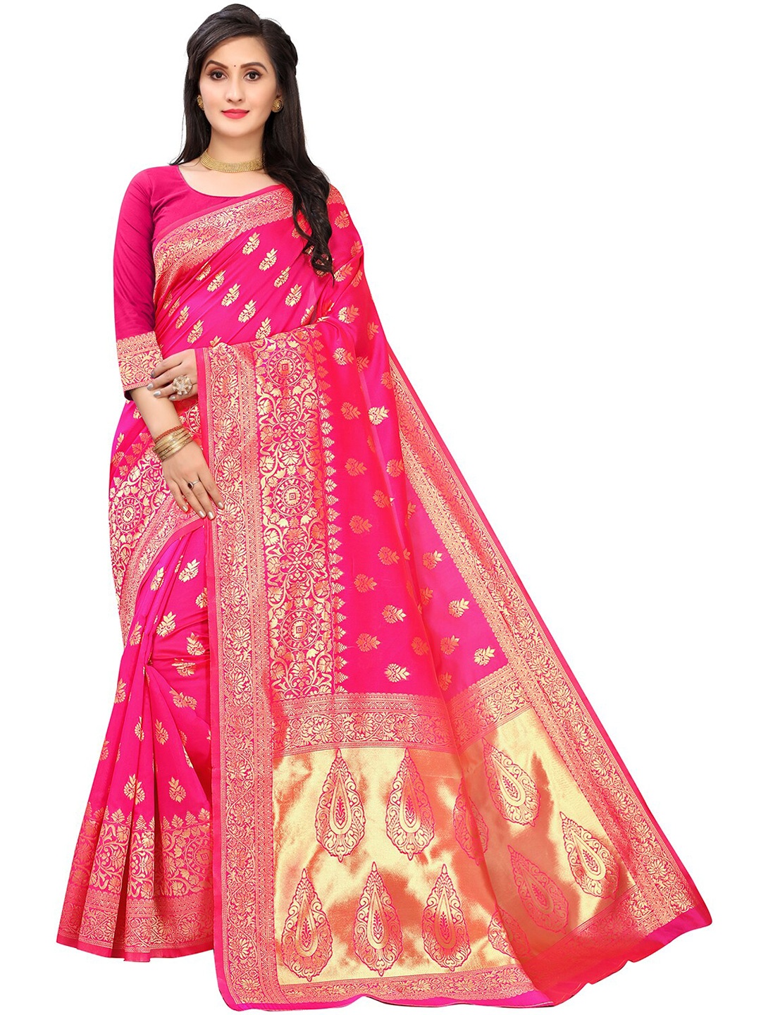 

Leeza Store Woven Design Zari Silk Blend Heavy Work Banarasi Saree, Pink
