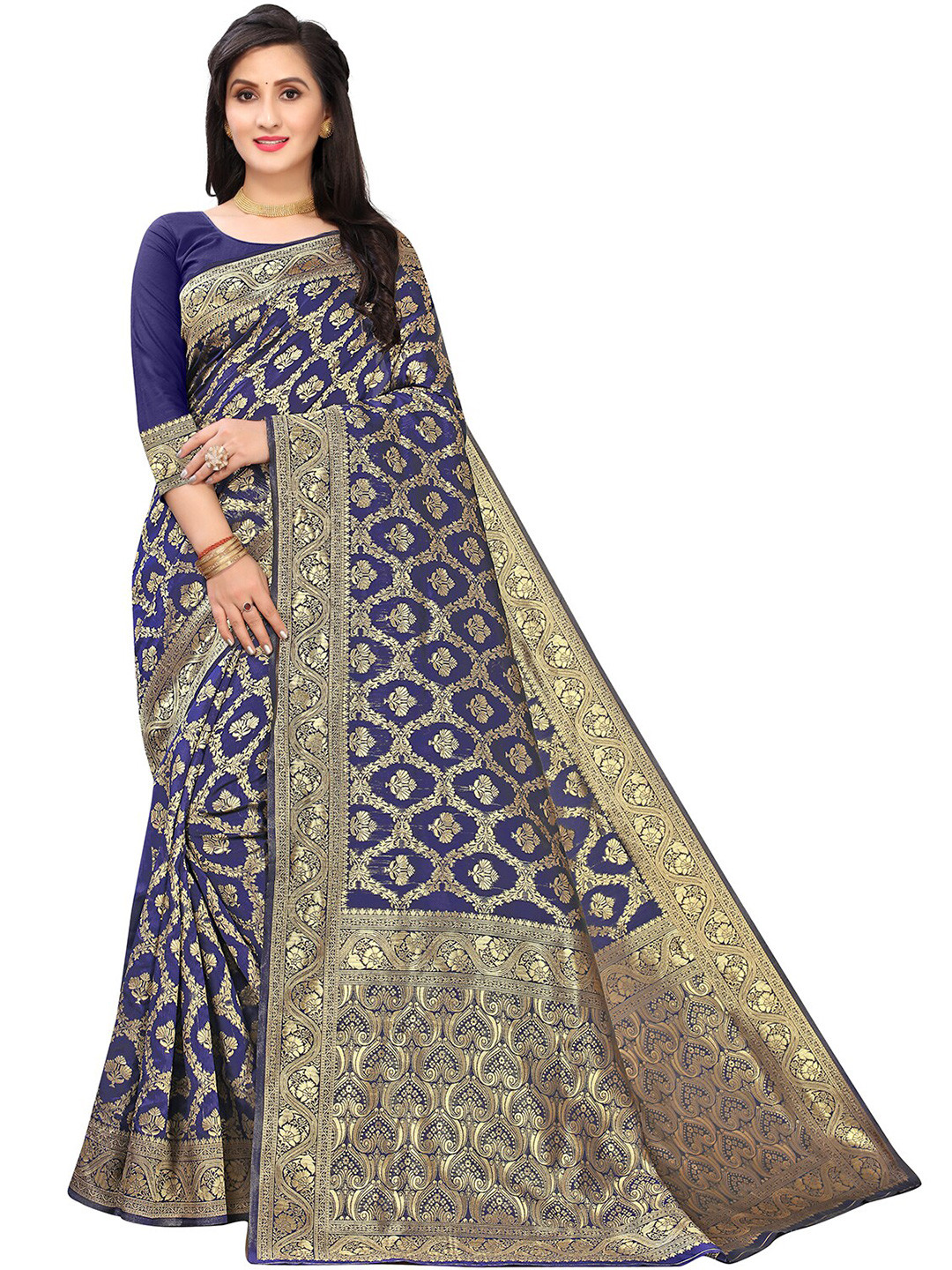 

Leeza Store Ethnic Motifs Banarasi Saree, Navy blue