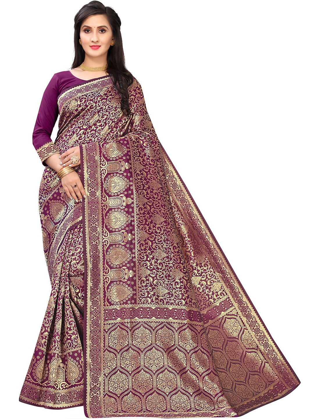 

Leeza Store Woven Design Zari Silk Blend Heavy Work Banarasi Saree, Purple