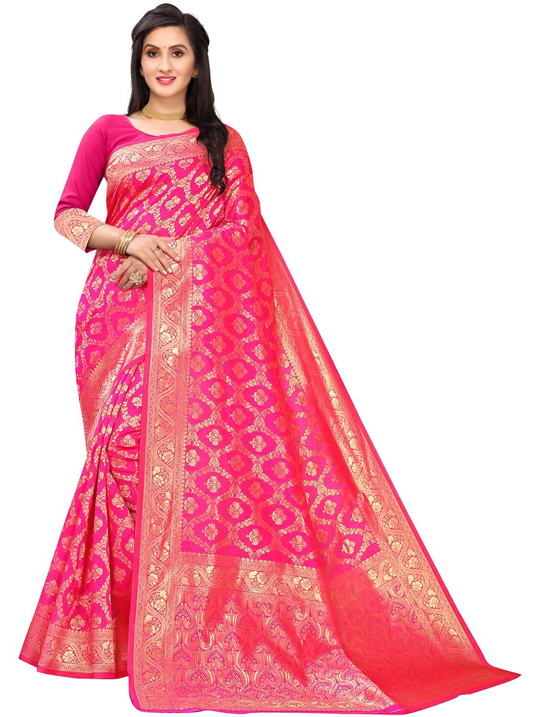 

Leeza Store Woven Design Zari Silk Blend Banarasi Saree, Pink