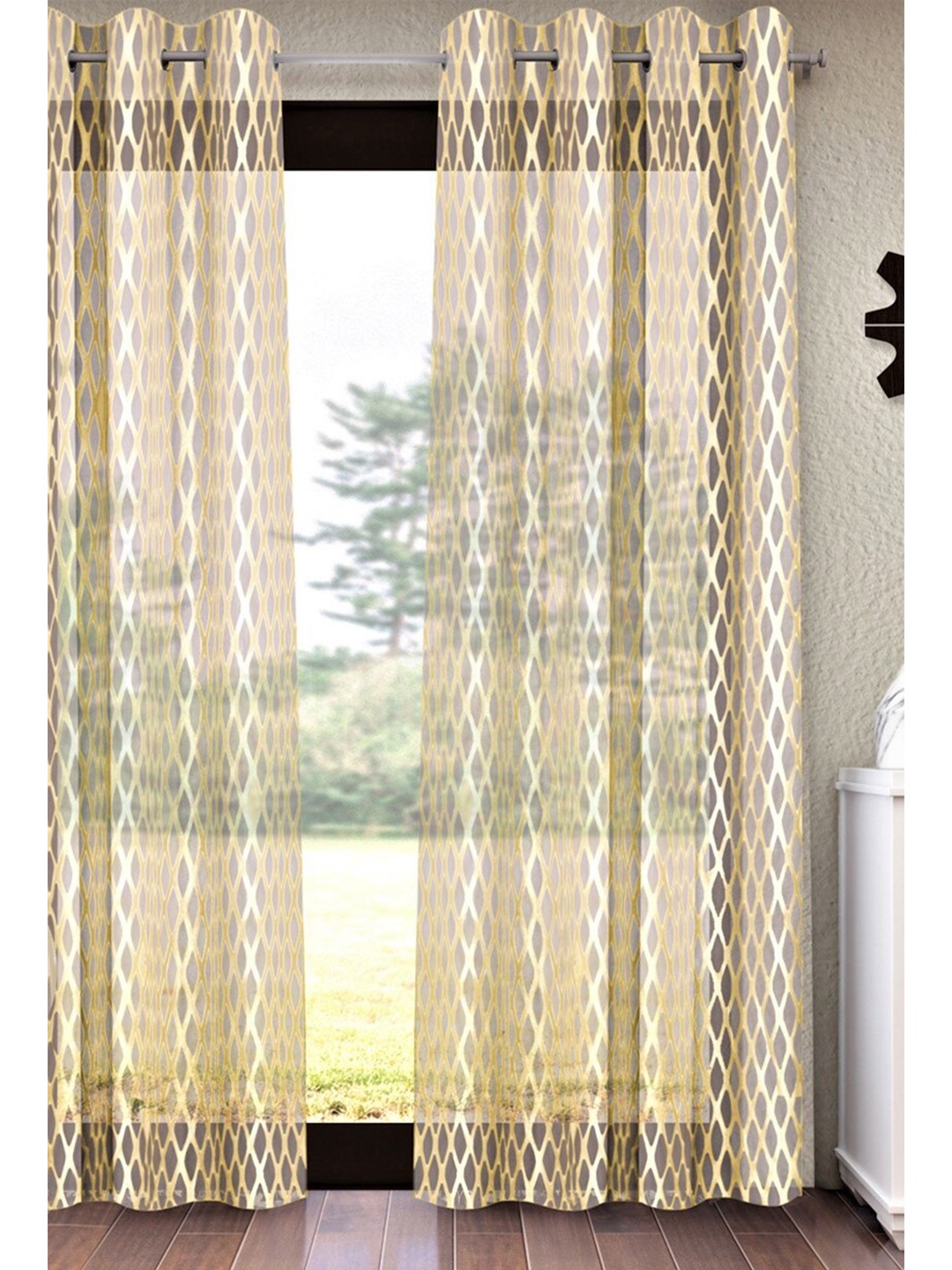 

Home Sizzler Cream Set of 2 Geometric Sheer Window Curtain