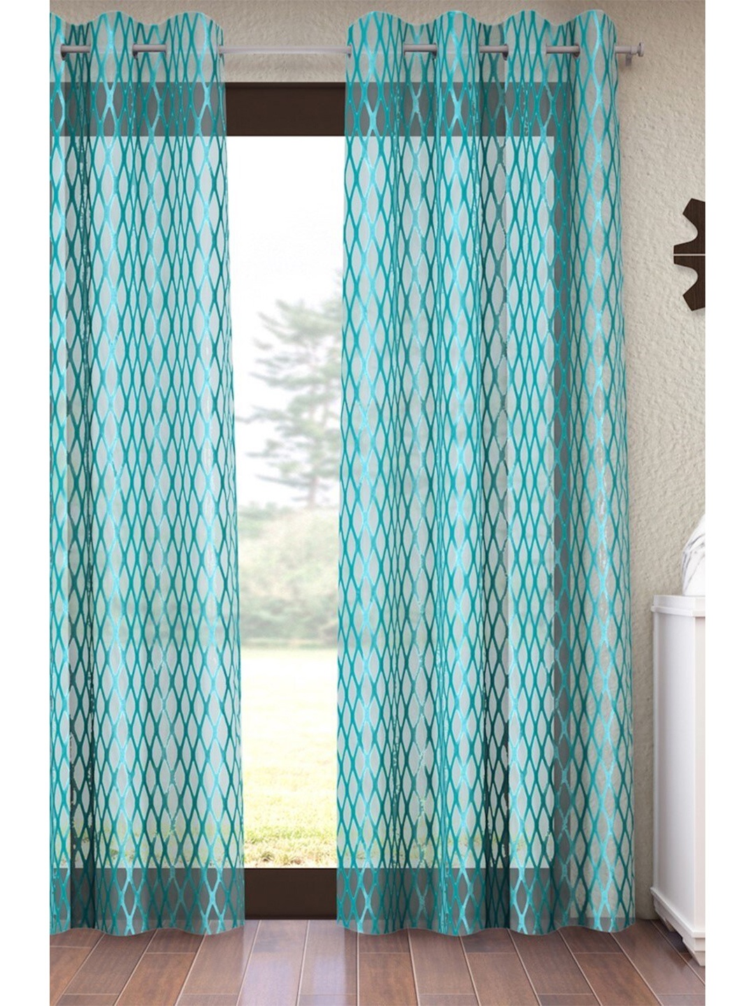 

Home Sizzler Turquoise Blue & Silver-Toned Geometric Sheer Window Curtain