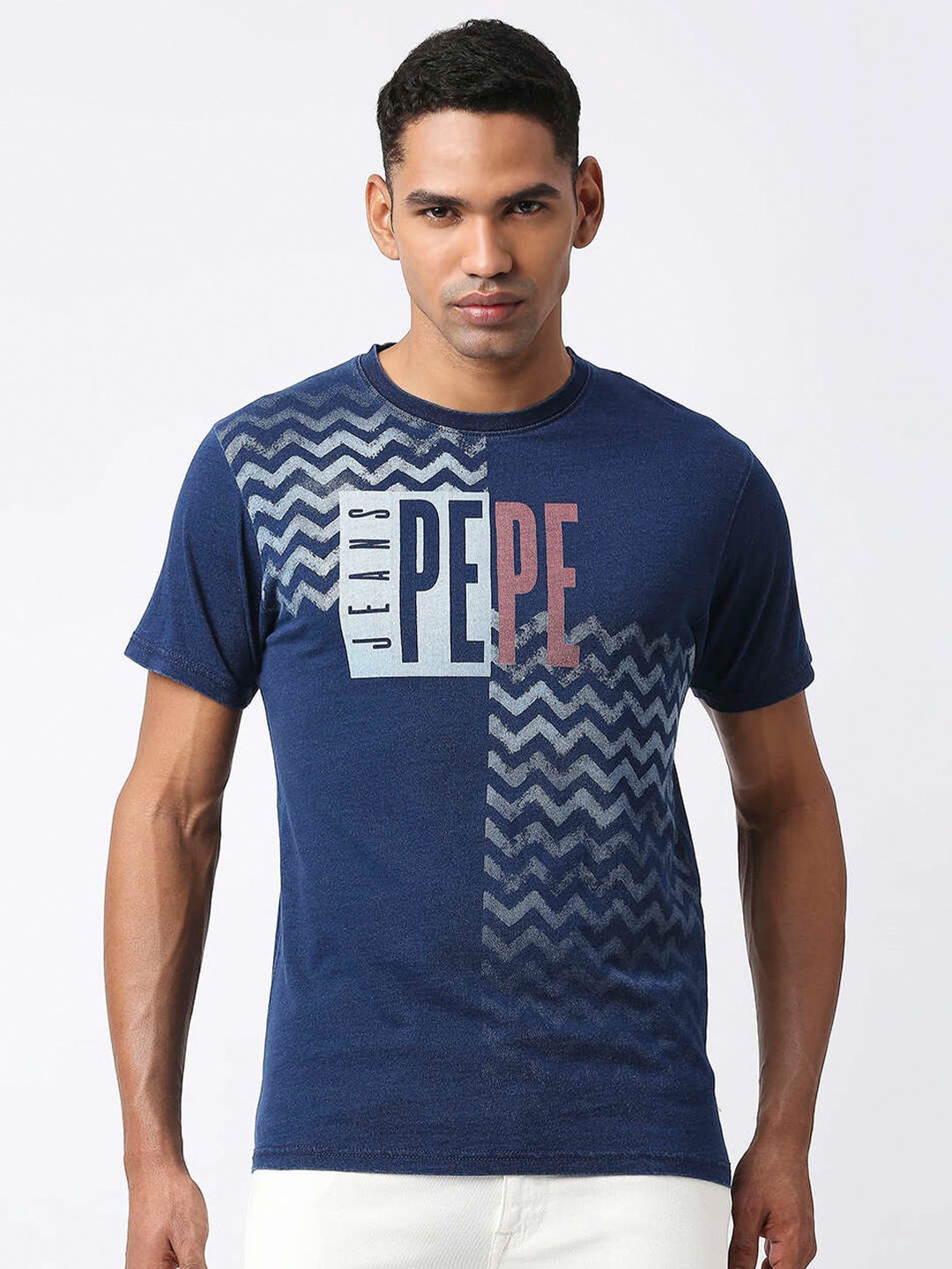 

Pepe Jeans Men Typography Printed Slim Fit Cotton T-shirt, Blue