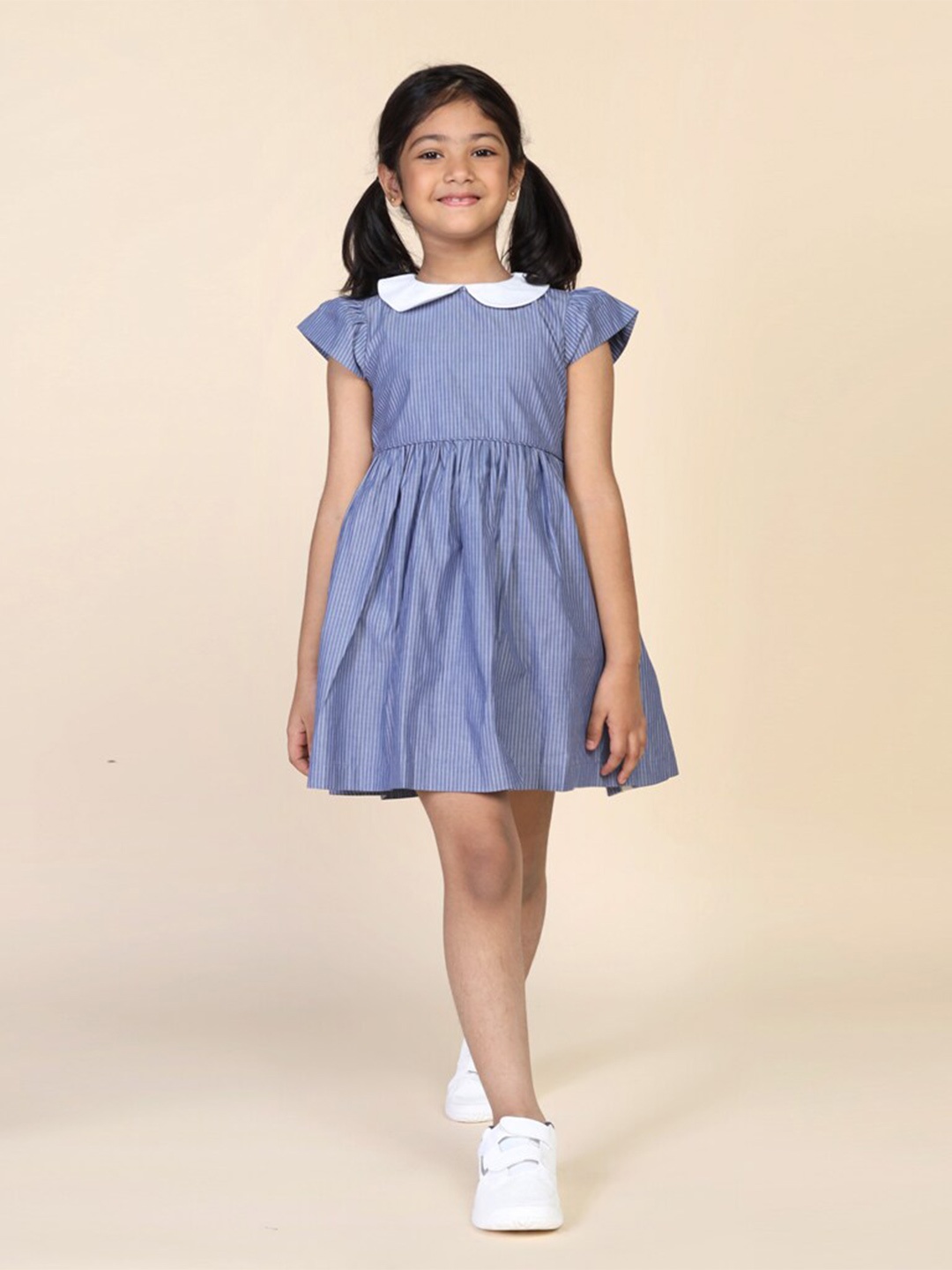 

Biglilpeople Striped Peter Pan Collar Pure Cotton Dress, Blue
