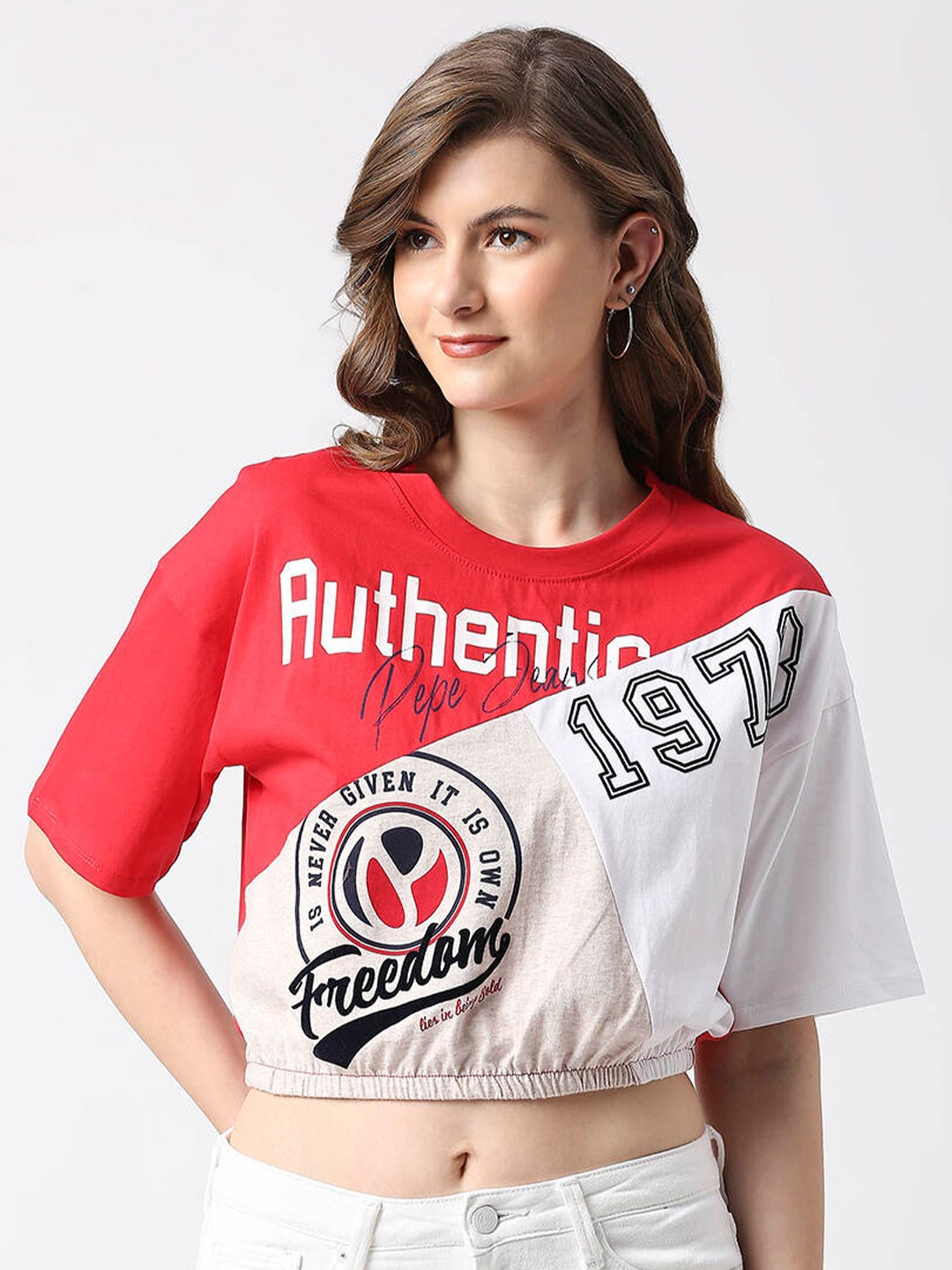 

Pepe Jeans Women Typography Printed Cotton T-shirt, Beige