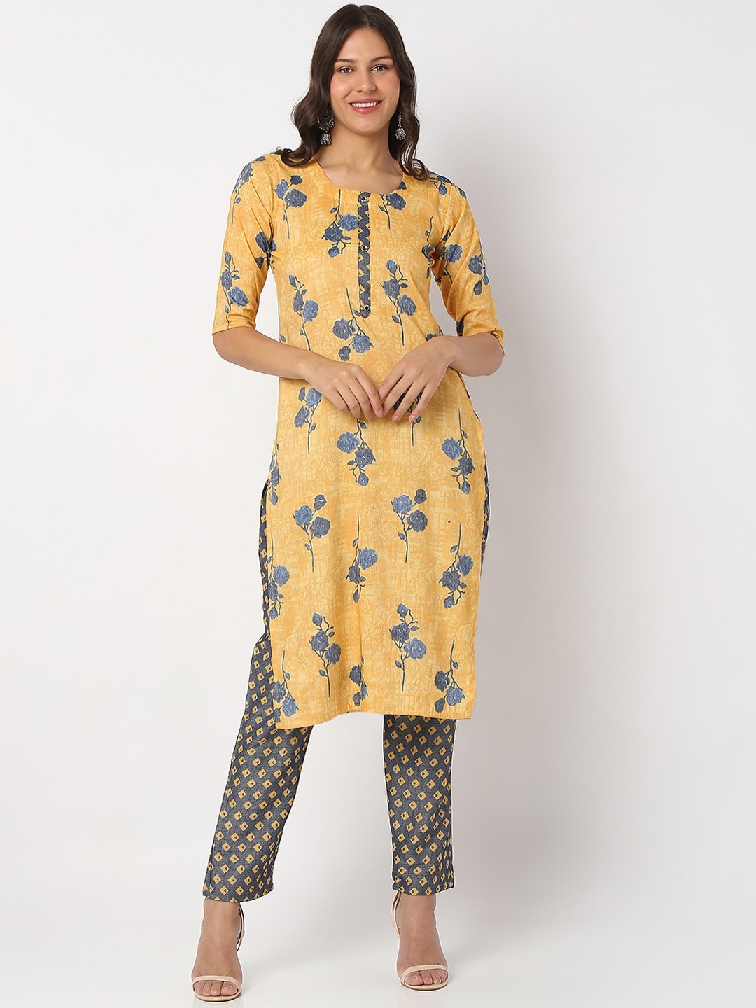 

SALWAR STUDIO Floral Printed Pure Cotton Kurta with Trousers, Yellow