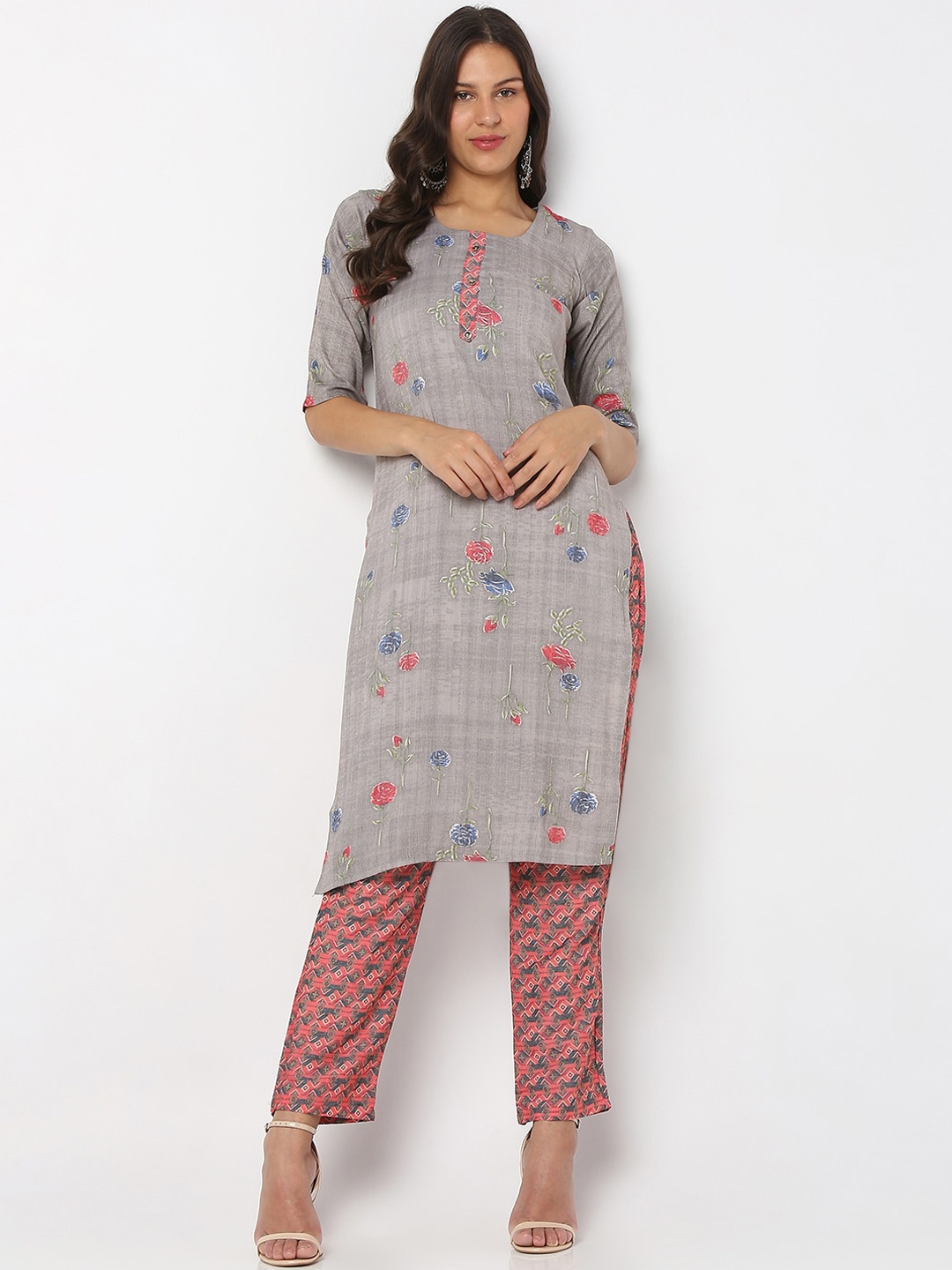 

SALWAR STUDIO Floral Printed Pure Cotton Kurta with Trousers, Grey