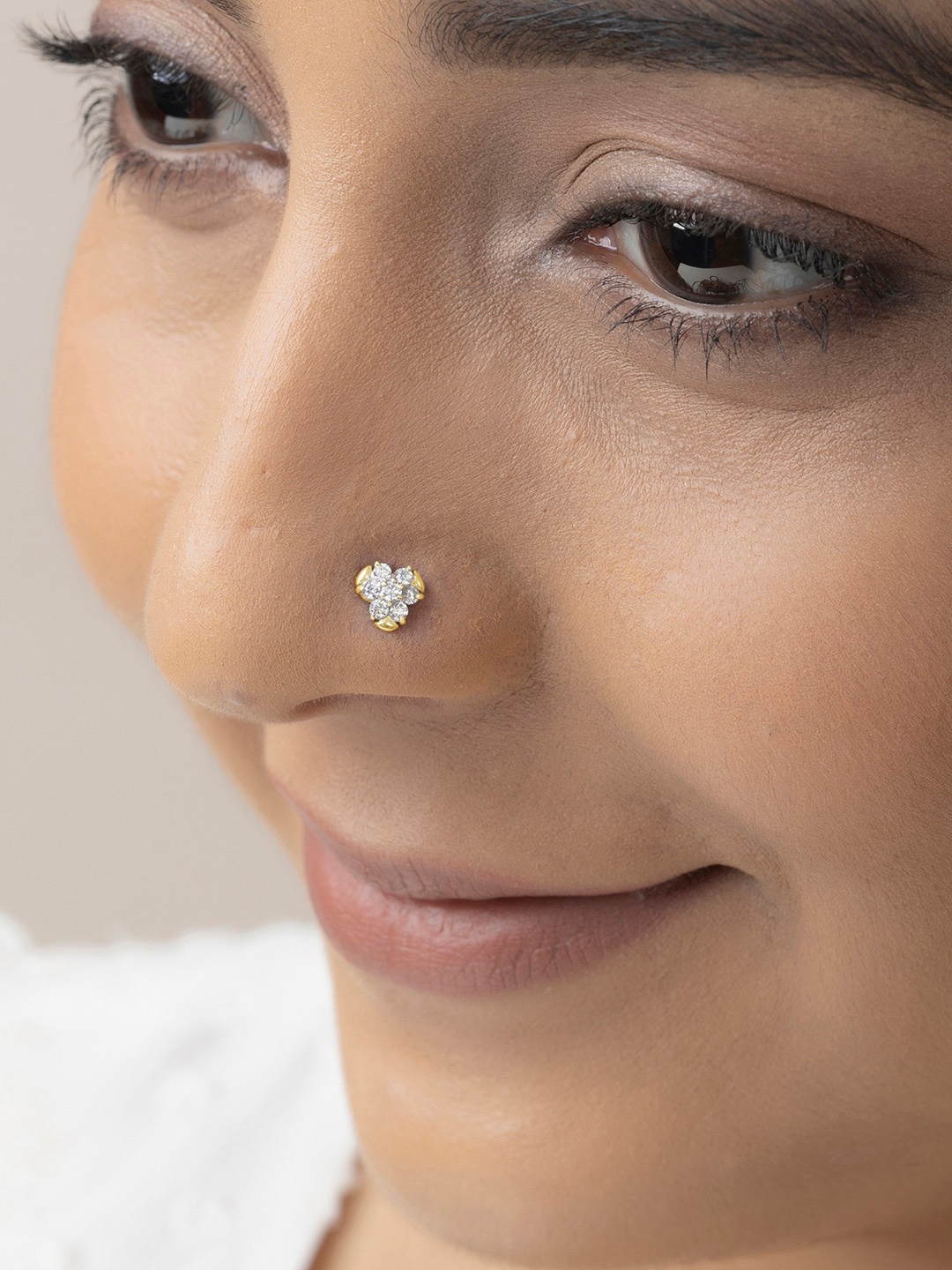 

March by FableStreet Sterling Silver Gold-Plated CZ-Studded Nose Pin, White