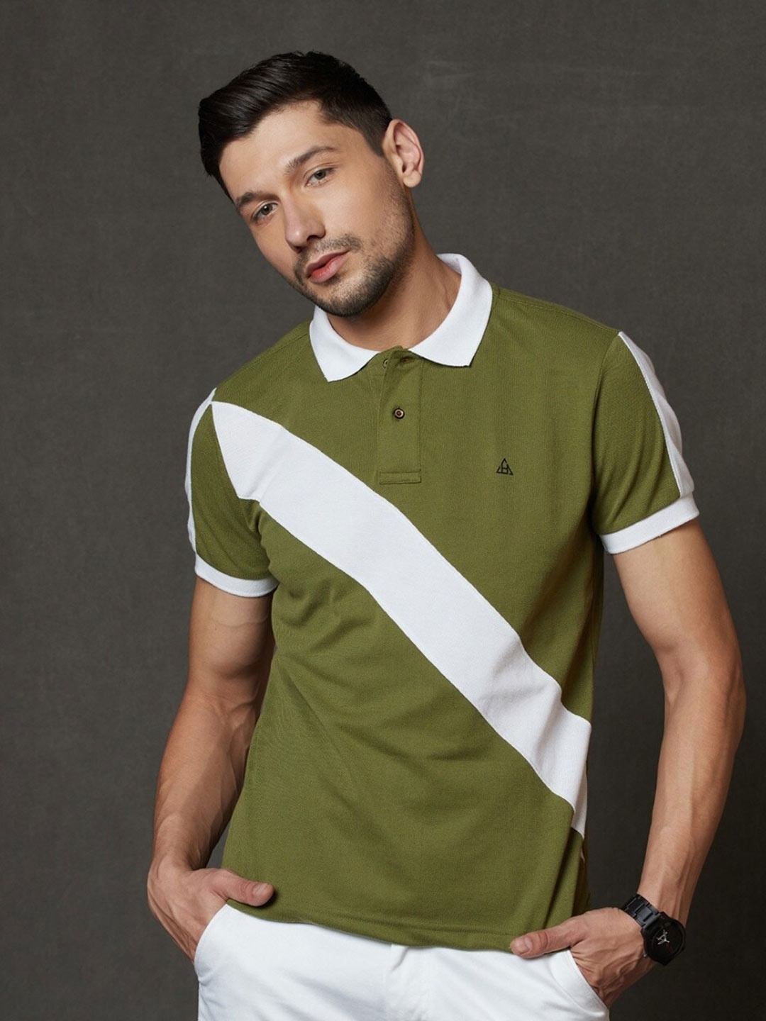 

HillTop Polos Men Striped Polo Collar Slim Fit Cotton T-shirt, Olive