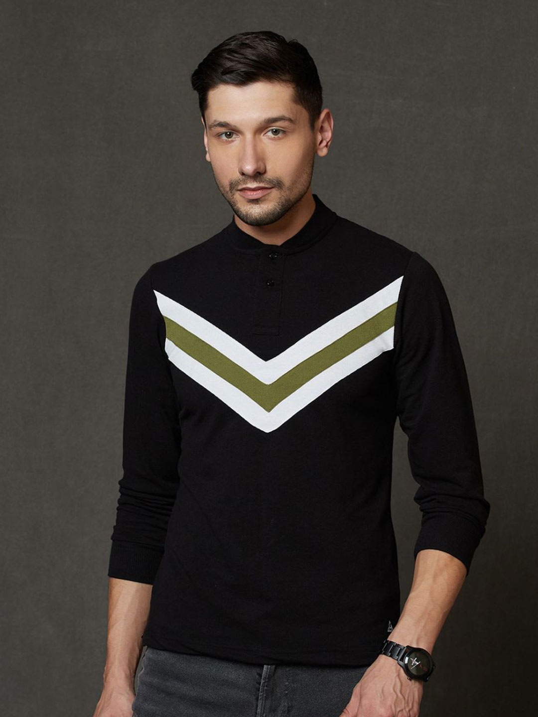 

HillTop Polos Men Striped Mandarin Collar Slim Fit Cotton T-shirt, Black