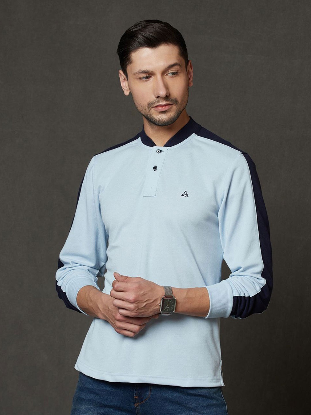 

HillTop Polos Men Mandarin Collar Slim Fit Cotton T-shirt, Turquoise blue