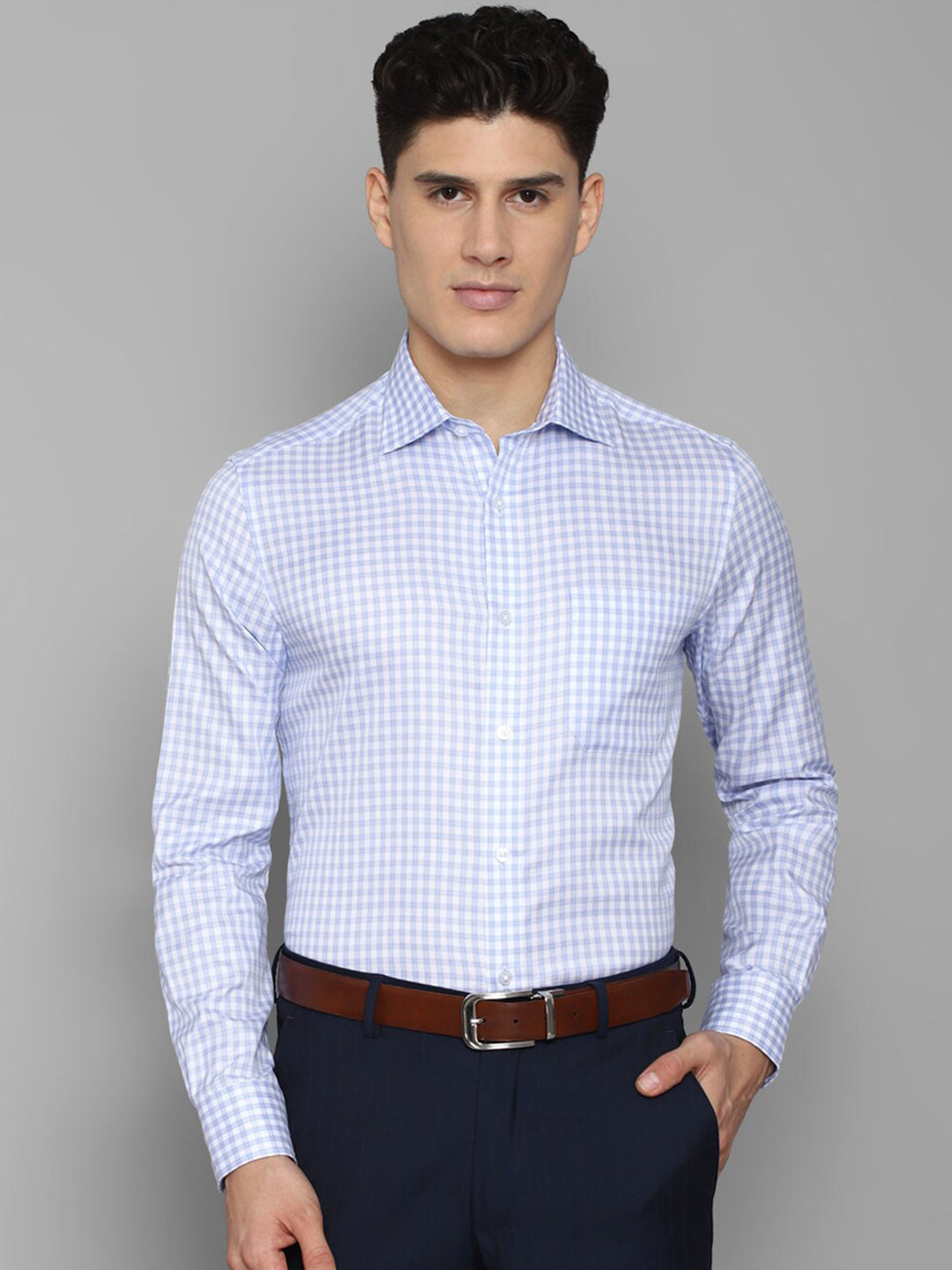 

Louis Philippe Men Slim Fit Micro Checks Checked Cotton Formal Shirt, Blue
