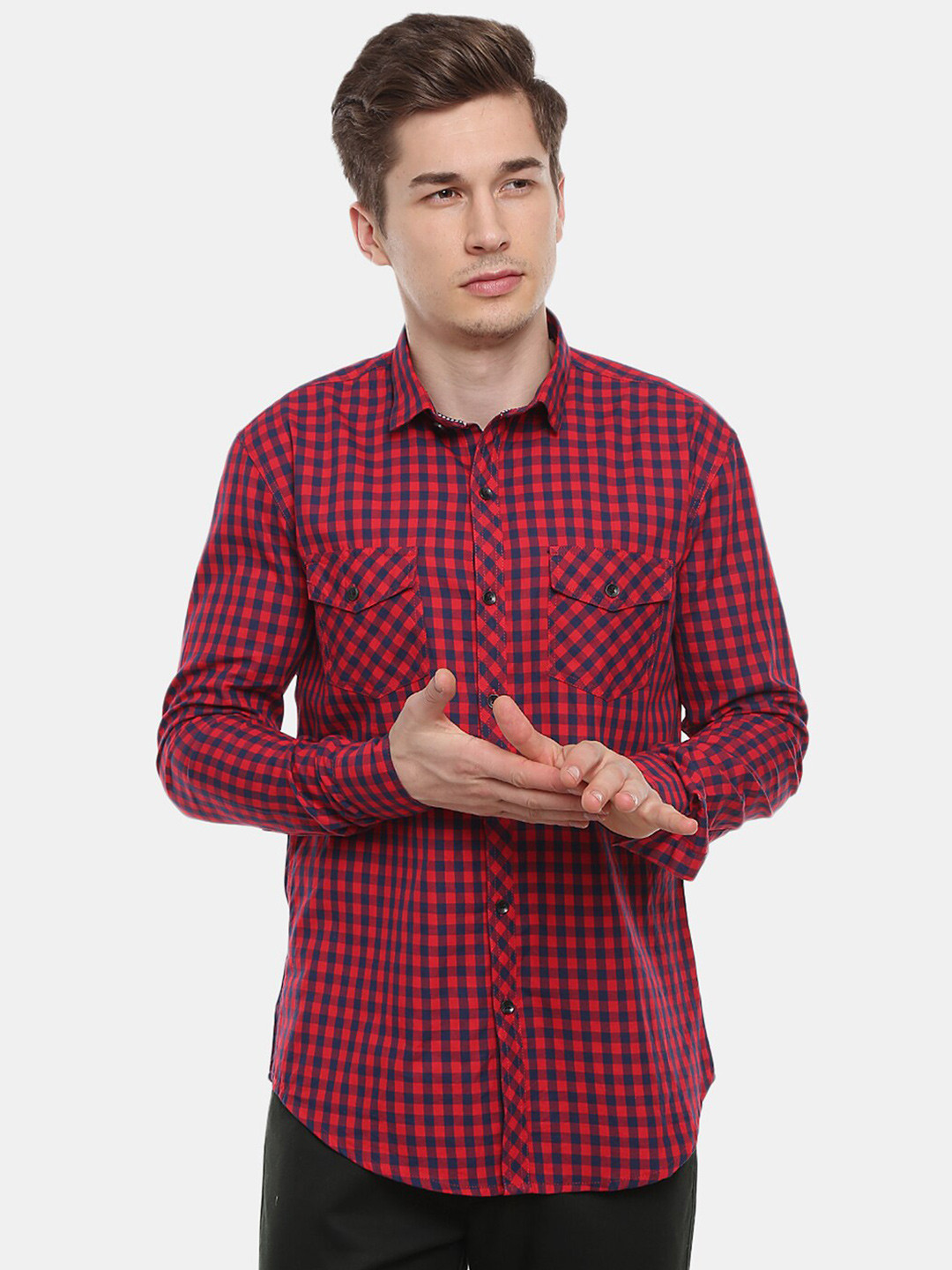 

V-Mart Men Slim Fit Grid Tattersall Checks Checked Cotton Casual Shirt, Red