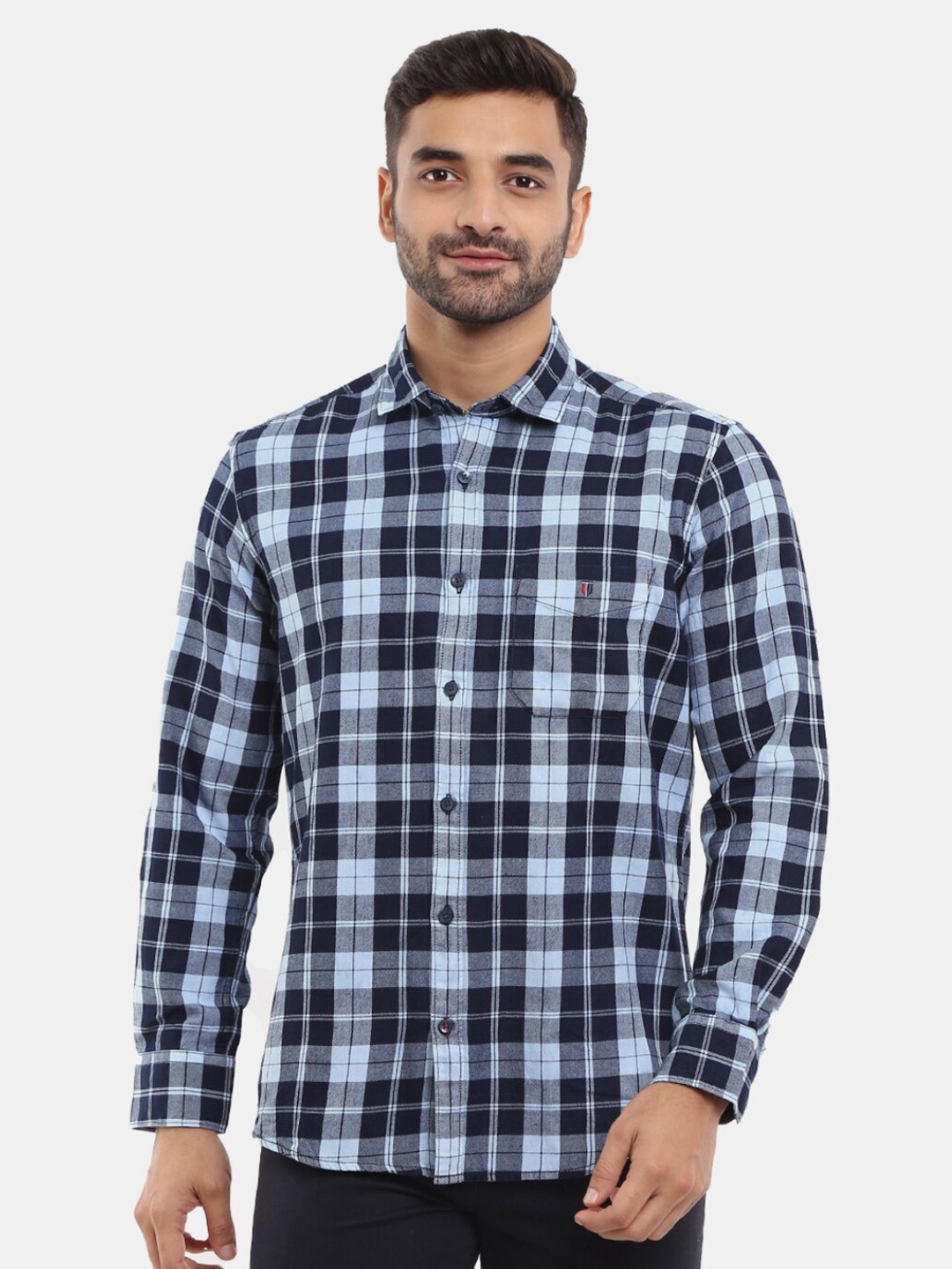 

V-Mart Men Classic Tartan Checks Checked Casual Cotton Shirt, Navy blue