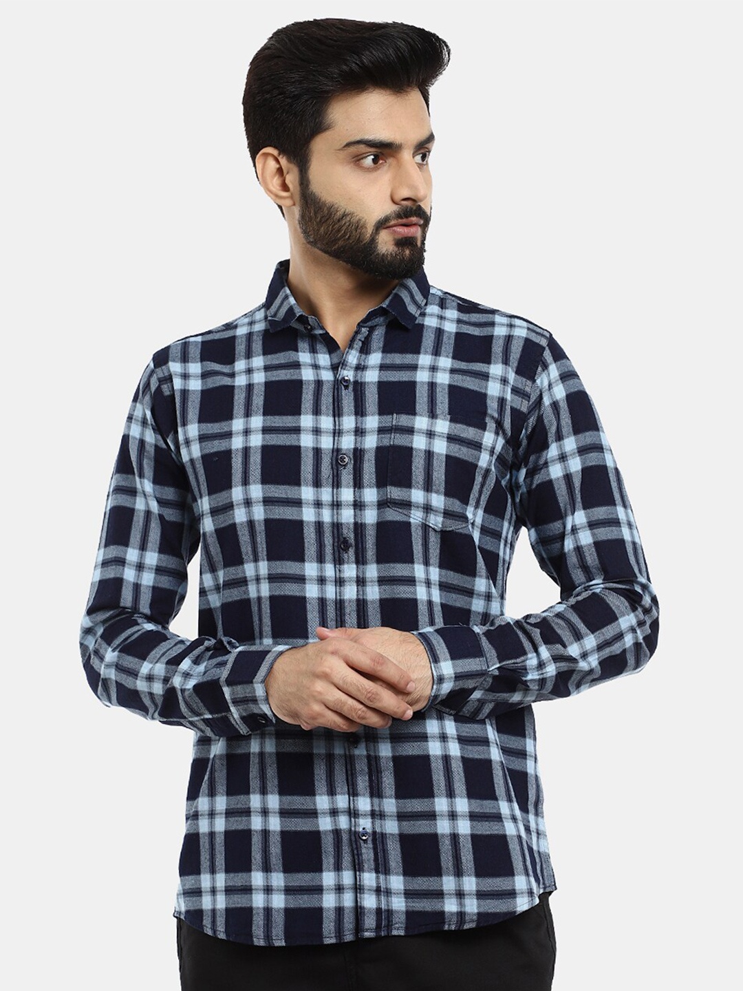 

V-Mart Men Classic Slim Fit Tartan Checks Casual Cotton Shirt, Blue