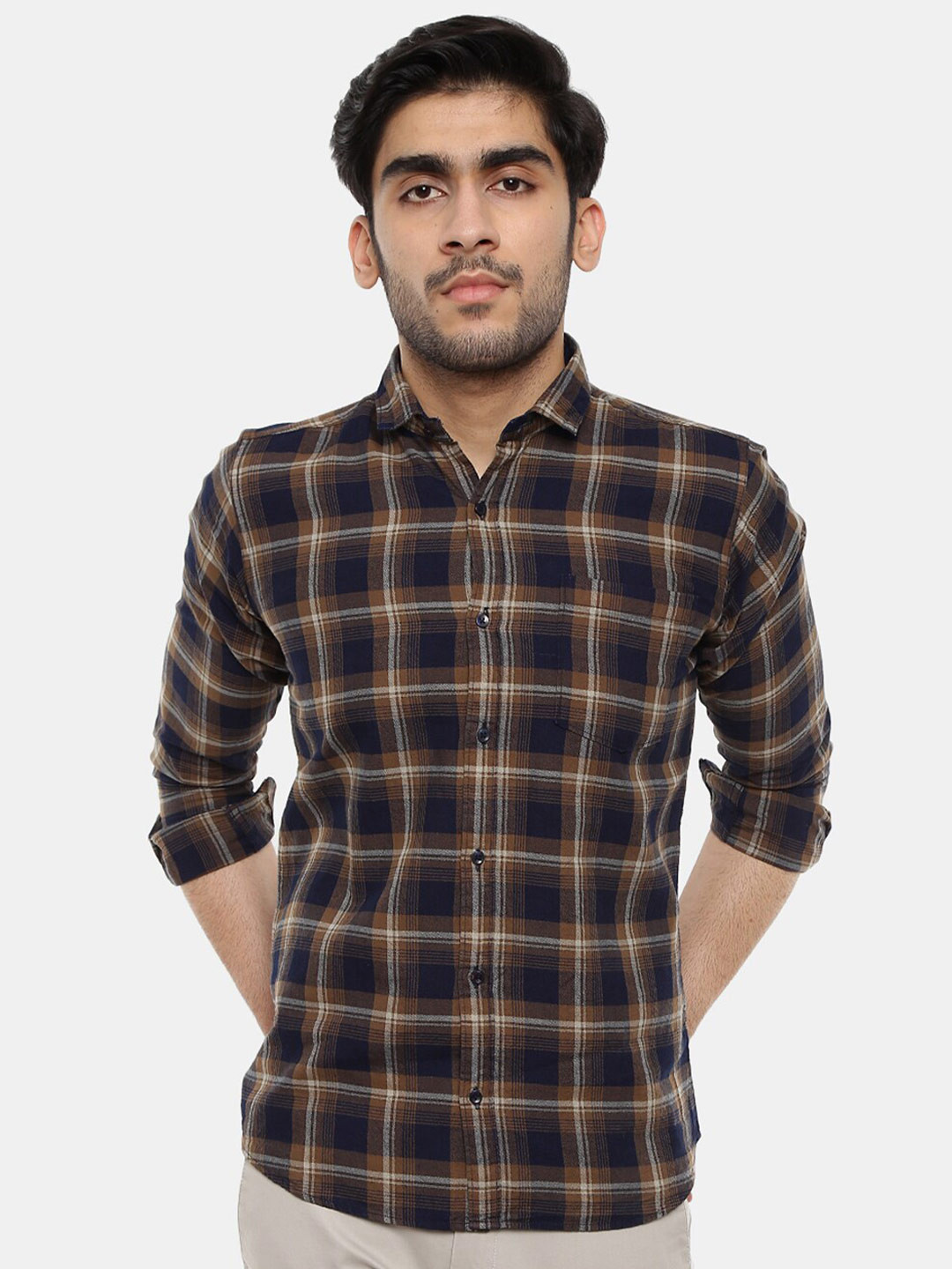 

V-Mart Men Tartan Checks Cotton Shirt, Brown