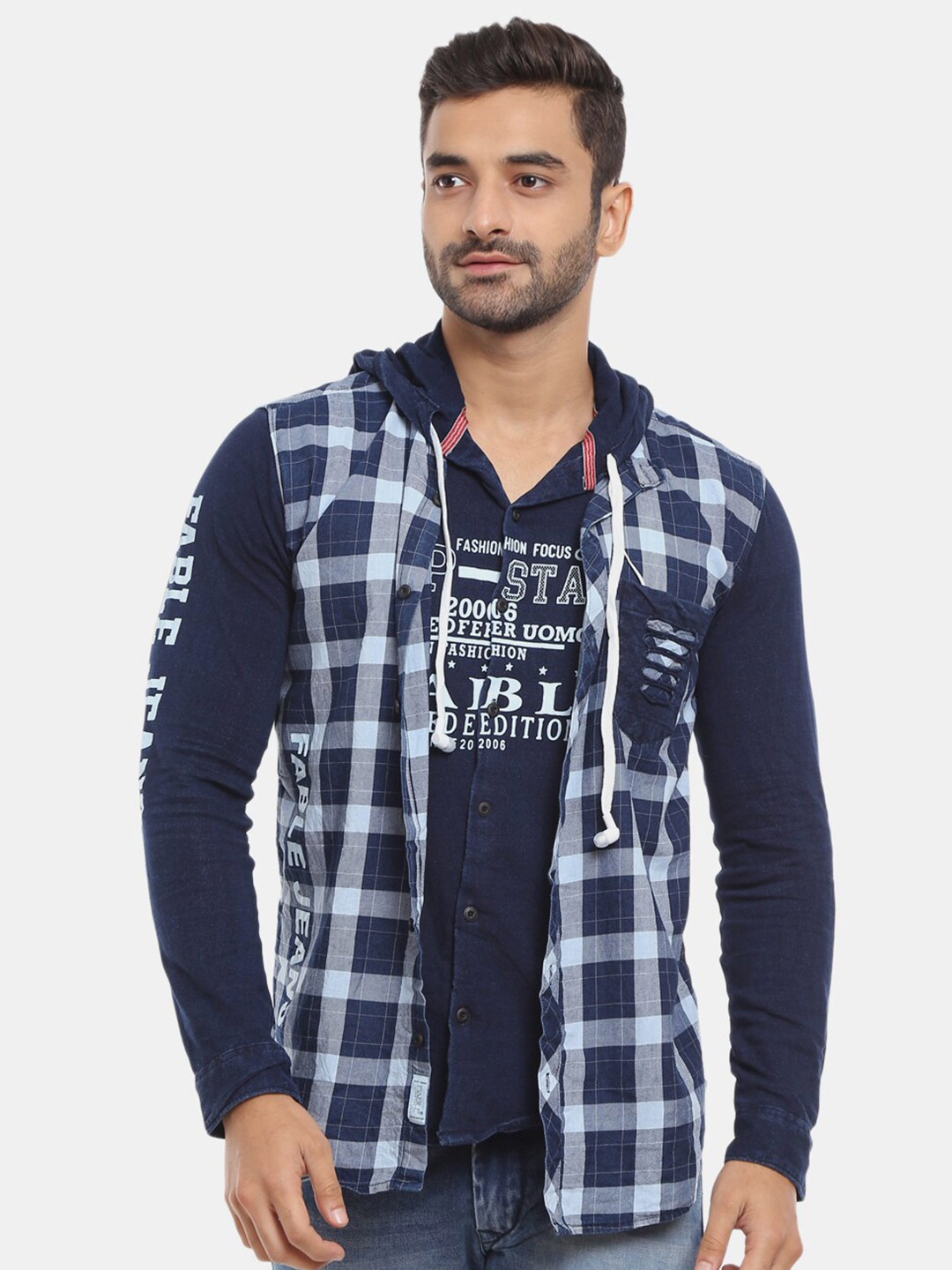 

V-Mart Men Classic Slim Fit Hooded Checked Casual Cotton Shirt, Navy blue