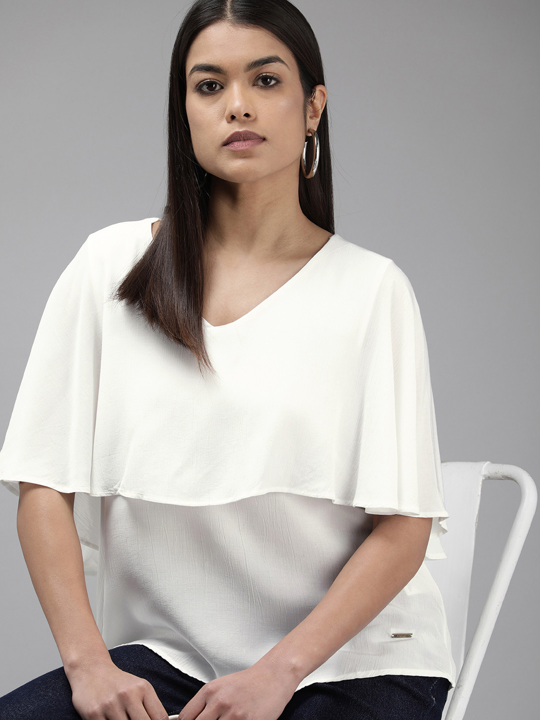 

Van Heusen Woman Cape Sleeve Detail Solid Layered Top, White