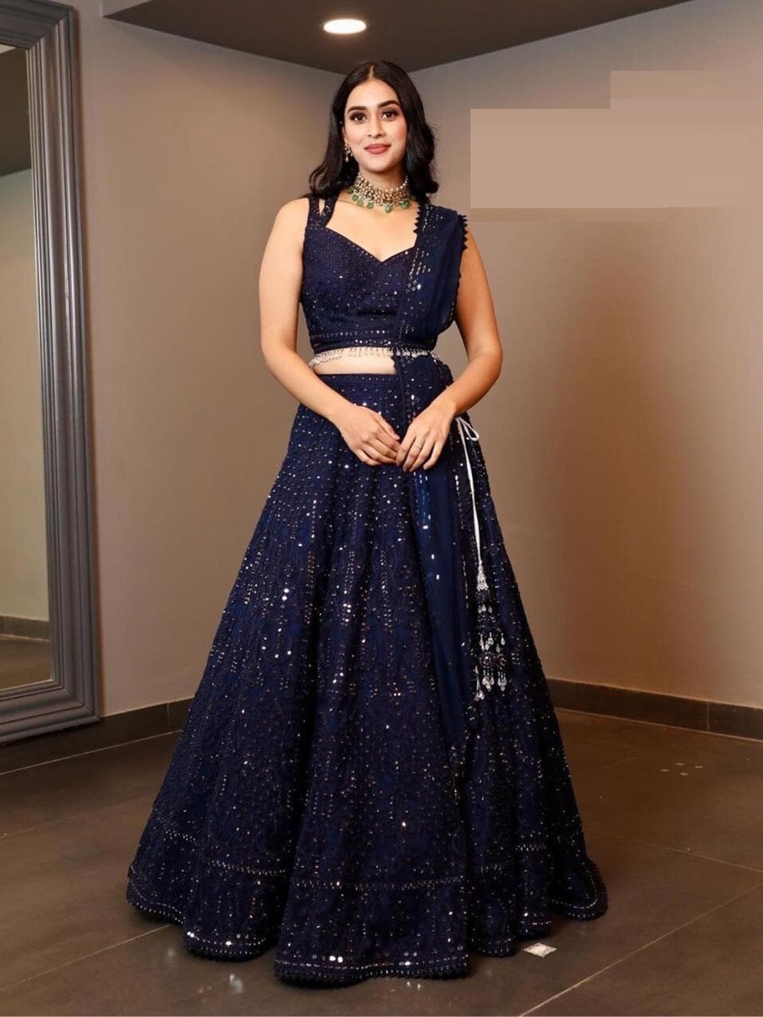 

Fashion Embellished Sequinned Semi-Stitched Lehenga & Unstitched Blouse With Dupatta, Navy blue