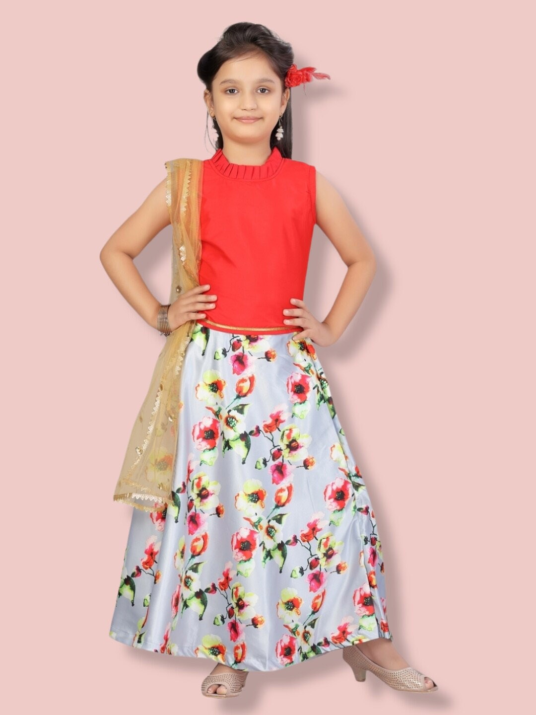 

Aarika Girls Red & Grey Ready to Wear Lehenga & Blouse With Dupatta