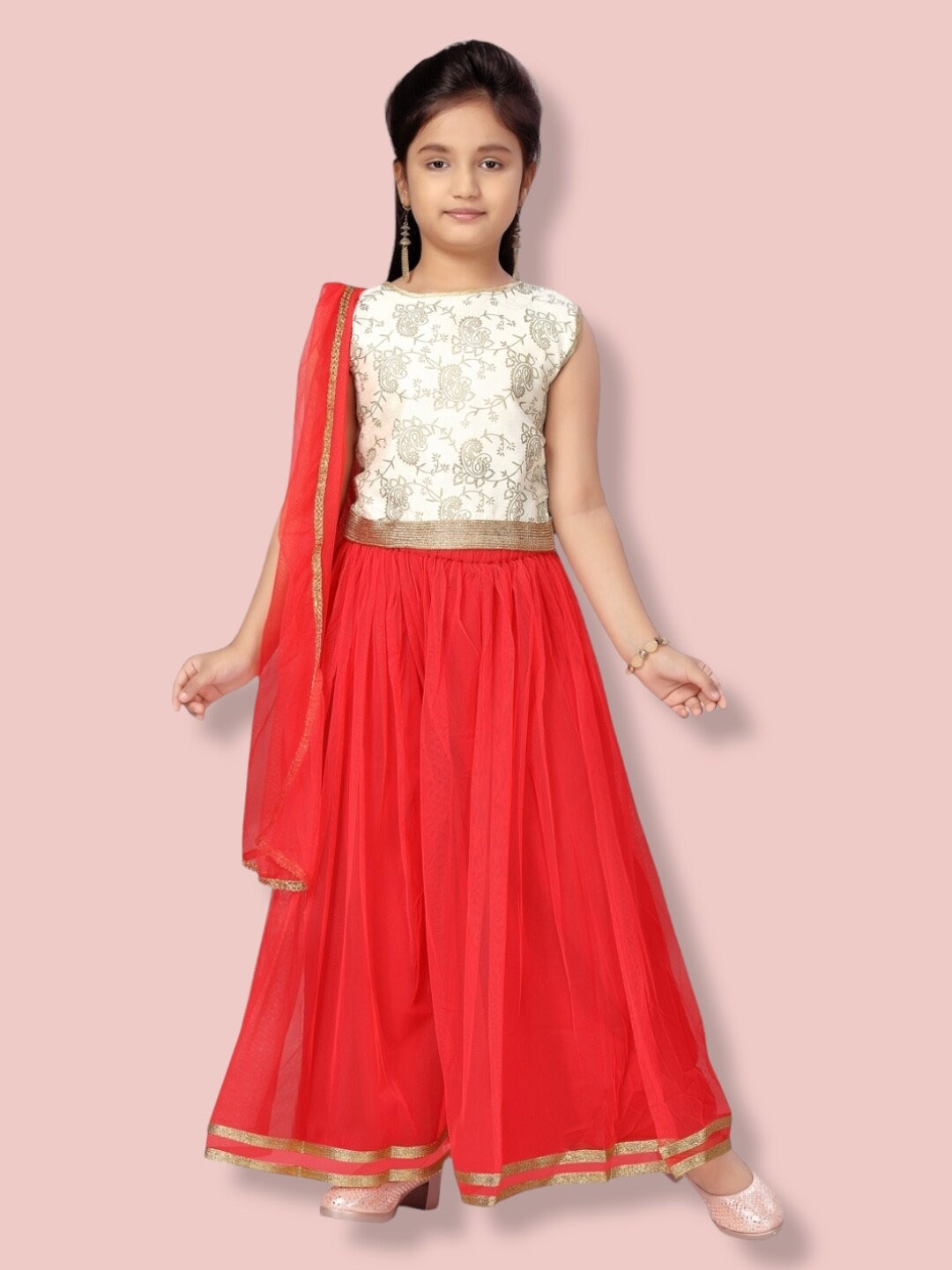 

Aarika Girls Printed Ready to Wear Lehenga & Blouse With Dupatta, Cream