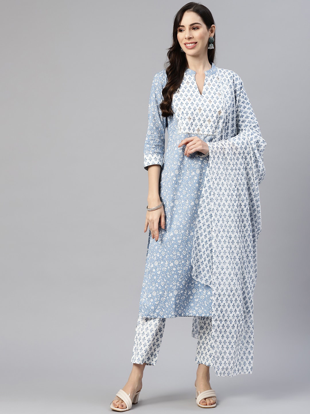 

KALINI Women Floral Printed Pure Cotton Kurta with Trousers & Dupatta, Grey