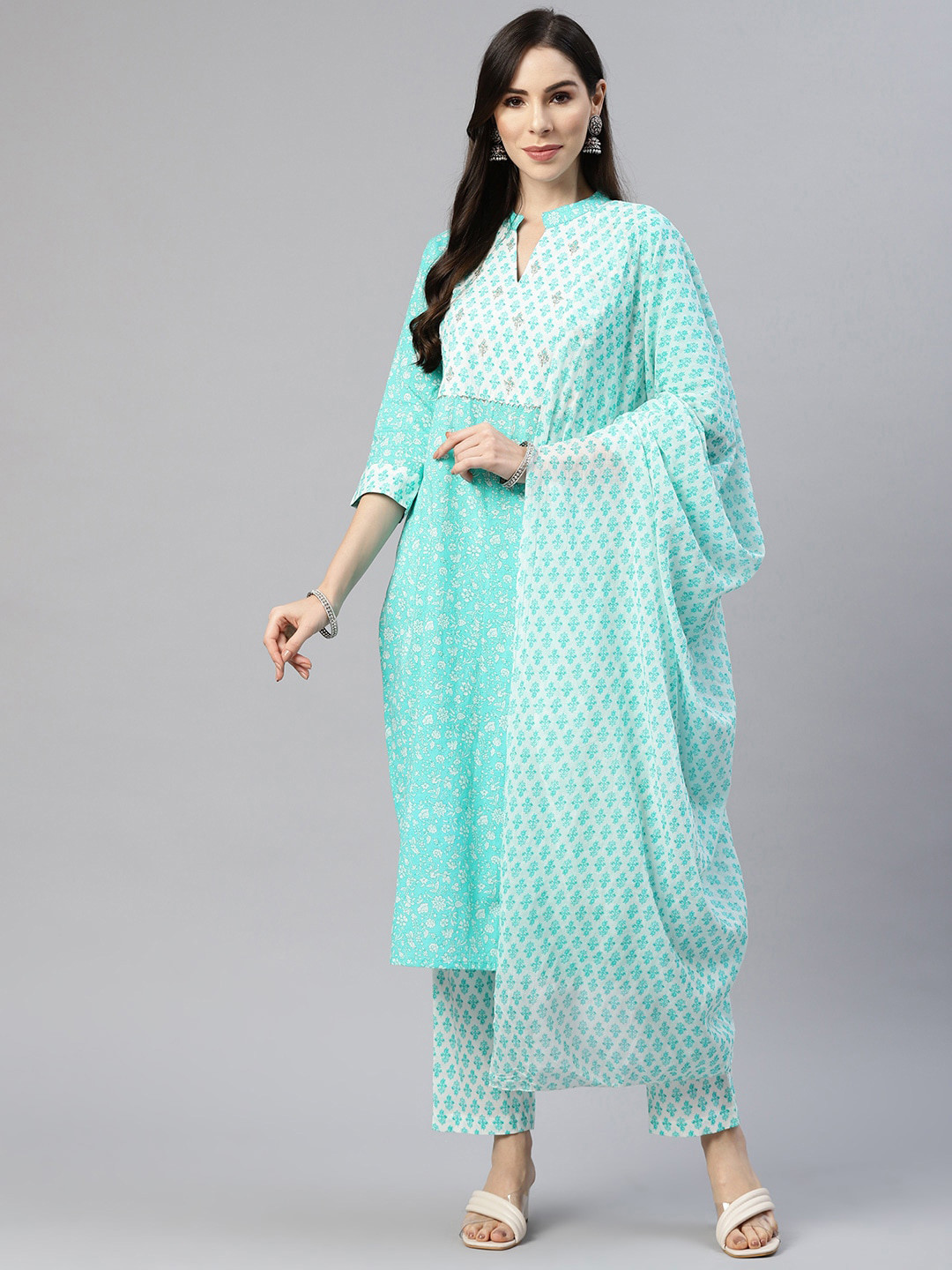 

KALINI Women Floral Printed Pure Cotton Kurta with Trousers & Dupatta, Turquoise blue