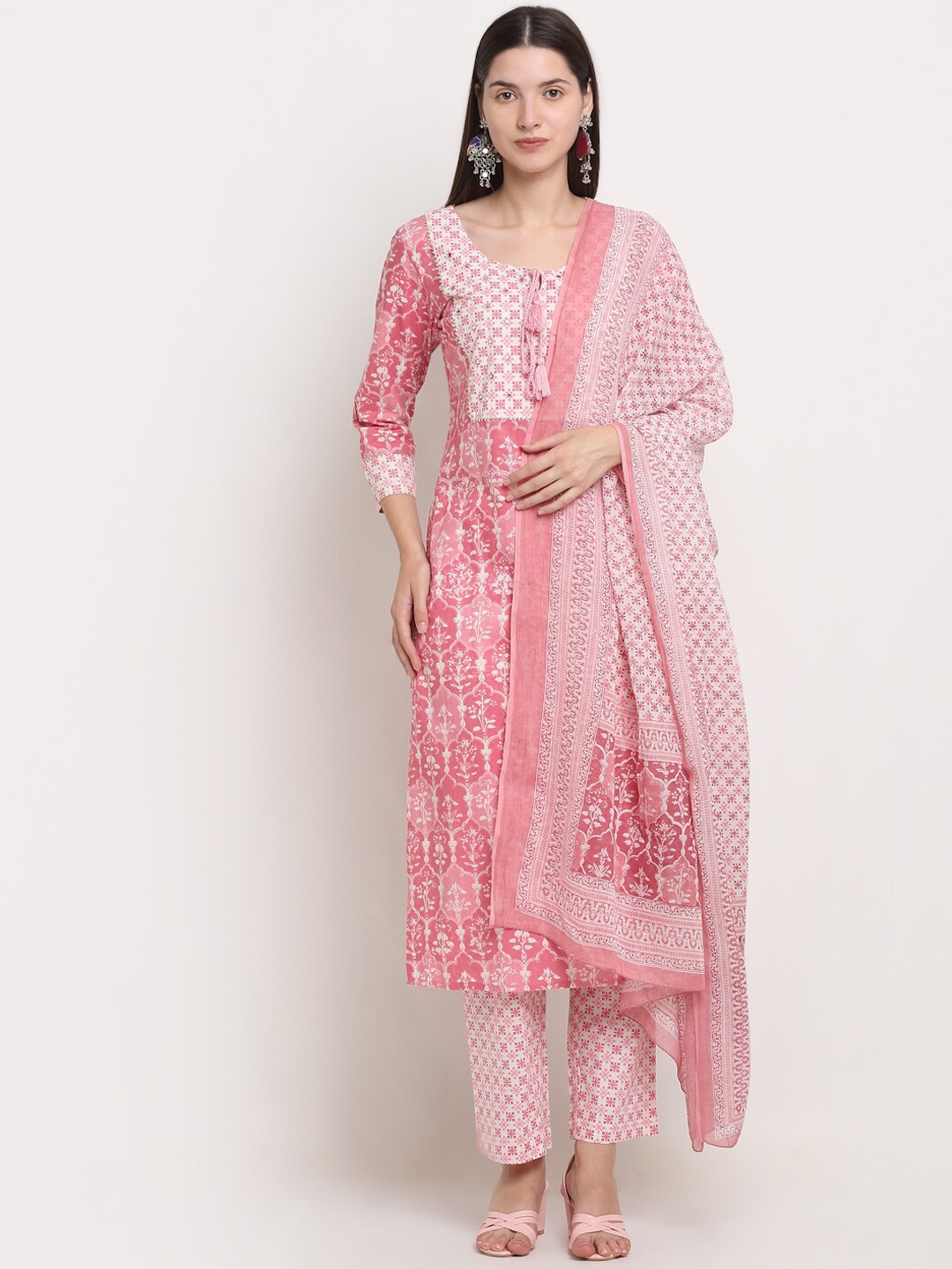 

KALINI Women Floral Printed Thread Work Pure Cotton Kurta with Trousers, Peach