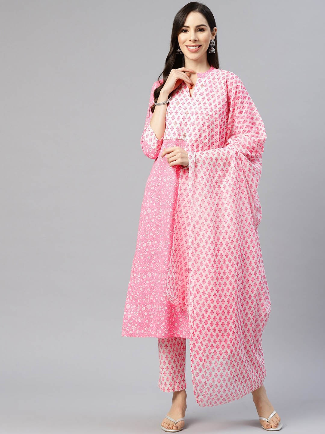 

KALINI Women Floral Printed Pure Cotton Kurta with Trousers & Dupatta, Pink