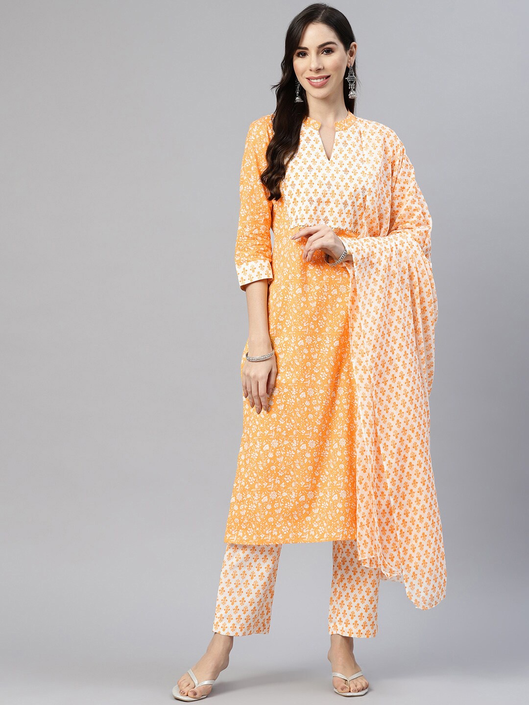 

KALINI Women Floral Printed Pure Cotton Kurta with Trousers & With Dupatta, Yellow