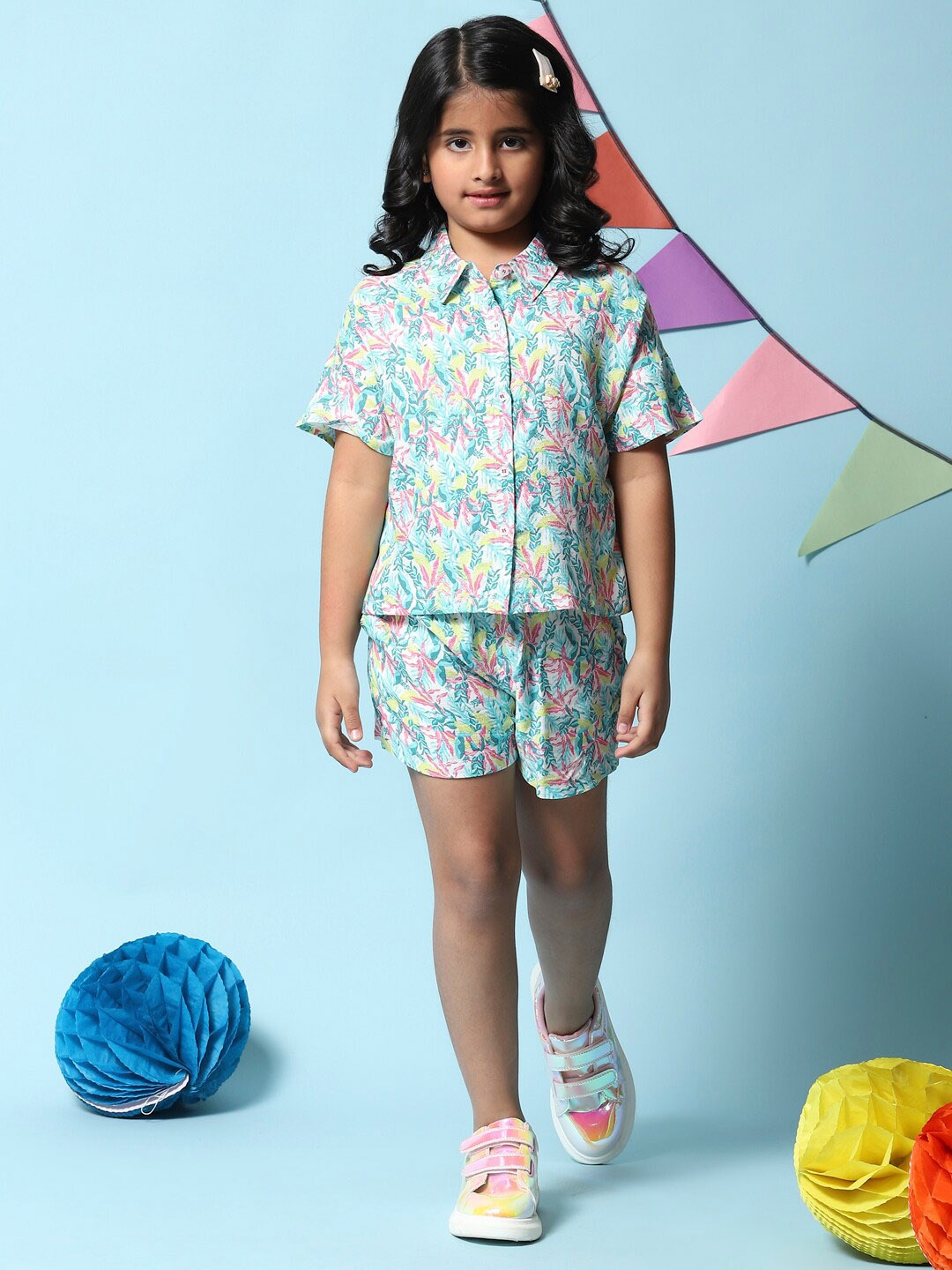 

Biba Girls Printed Shirt with Shorts, Turquoise blue