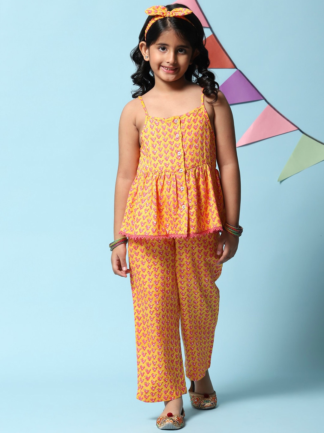 

Biba Girls Printed Pleated Pure Cotton Kurti with Trousers, Yellow