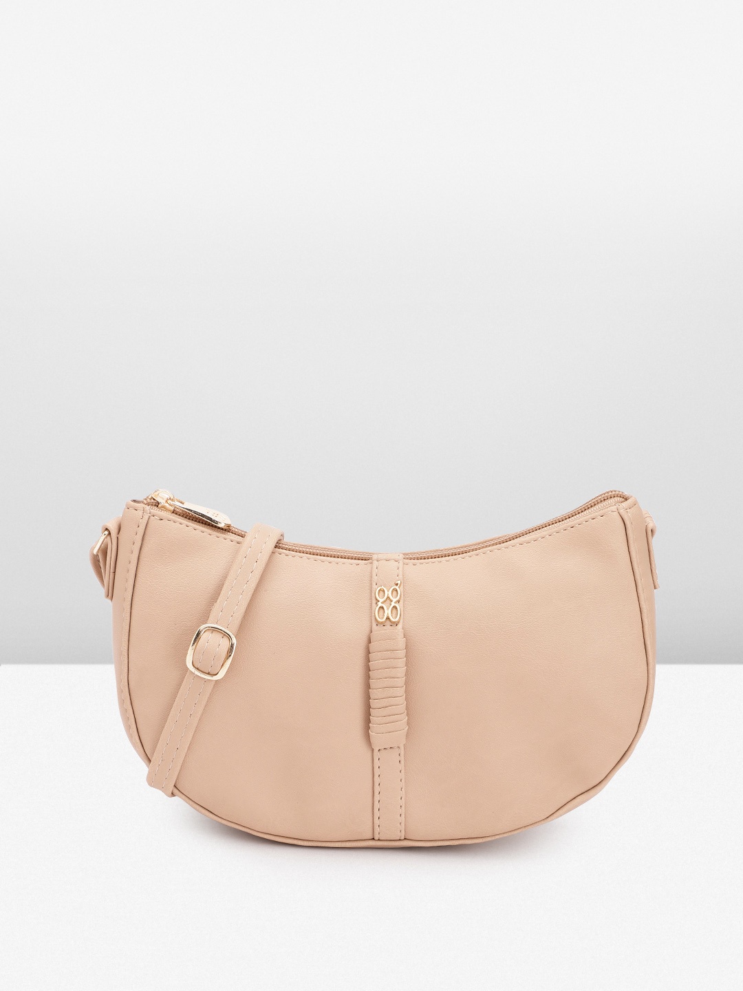 

Baggit Solid PU Half Moon Sling Bag with Strap Mini Applique Detail, Beige